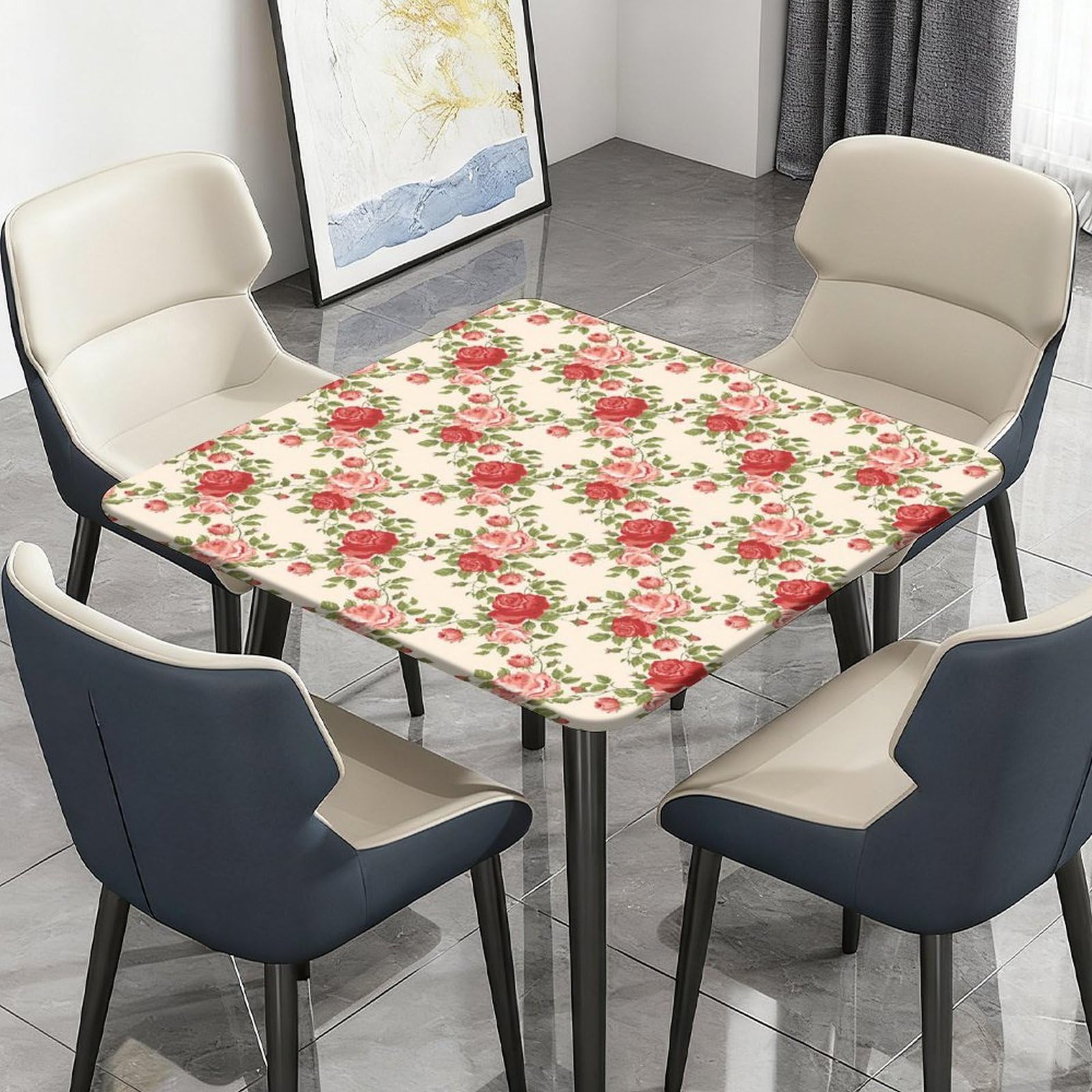Highdi Flowers Waterproof Square Tablecloth Cover - Oxford Cloth - Elastic Fitted for Kitchen/Garden Rectangular Tables, Stain-Resistant Wipe-Clean Table Cover (Red 1,130x130cm)
