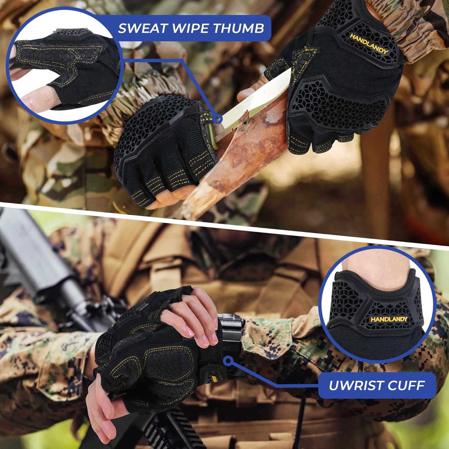 HANDLANDY Fingerless Work Gloves for Mens & Women, Uwrist Half Finger Shock-Absorbing Breathable Glove