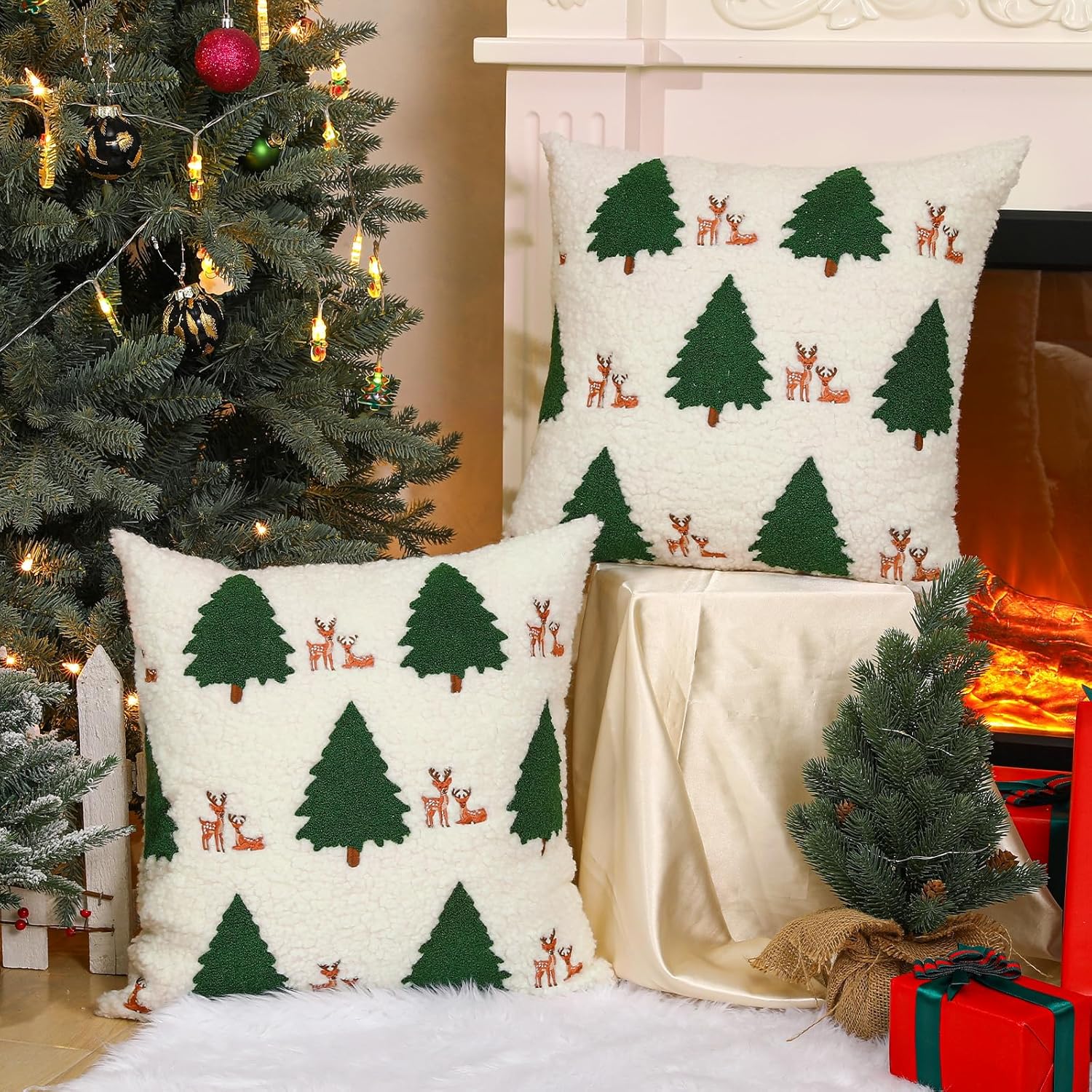 Lewondr Christmas Pillow Covers 18x18 inch, 2 Pack Christmas Throw Pillow Covers with Reindeer Embroidery, Soft Velvet Xmas Tree Pillows Cover for Living Room Couch Sofa Bed Home Decoration, Beige
