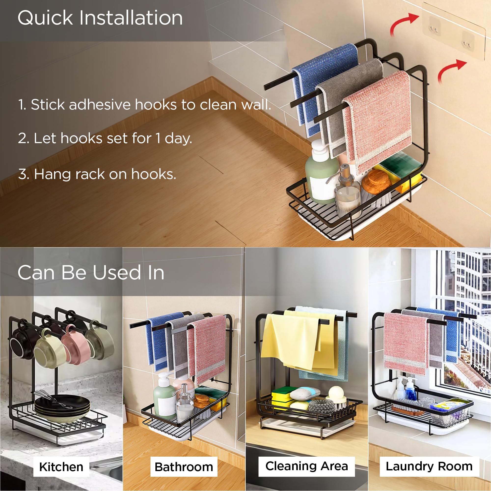 UMAI Three-Bar Kitchen Rag Rack with Drain Tray | Wall-Mounted or Countertop | Space Saving, Multifunctional, Adjustable, Durable, and Clean (Black) - Image 4 thumbnail
