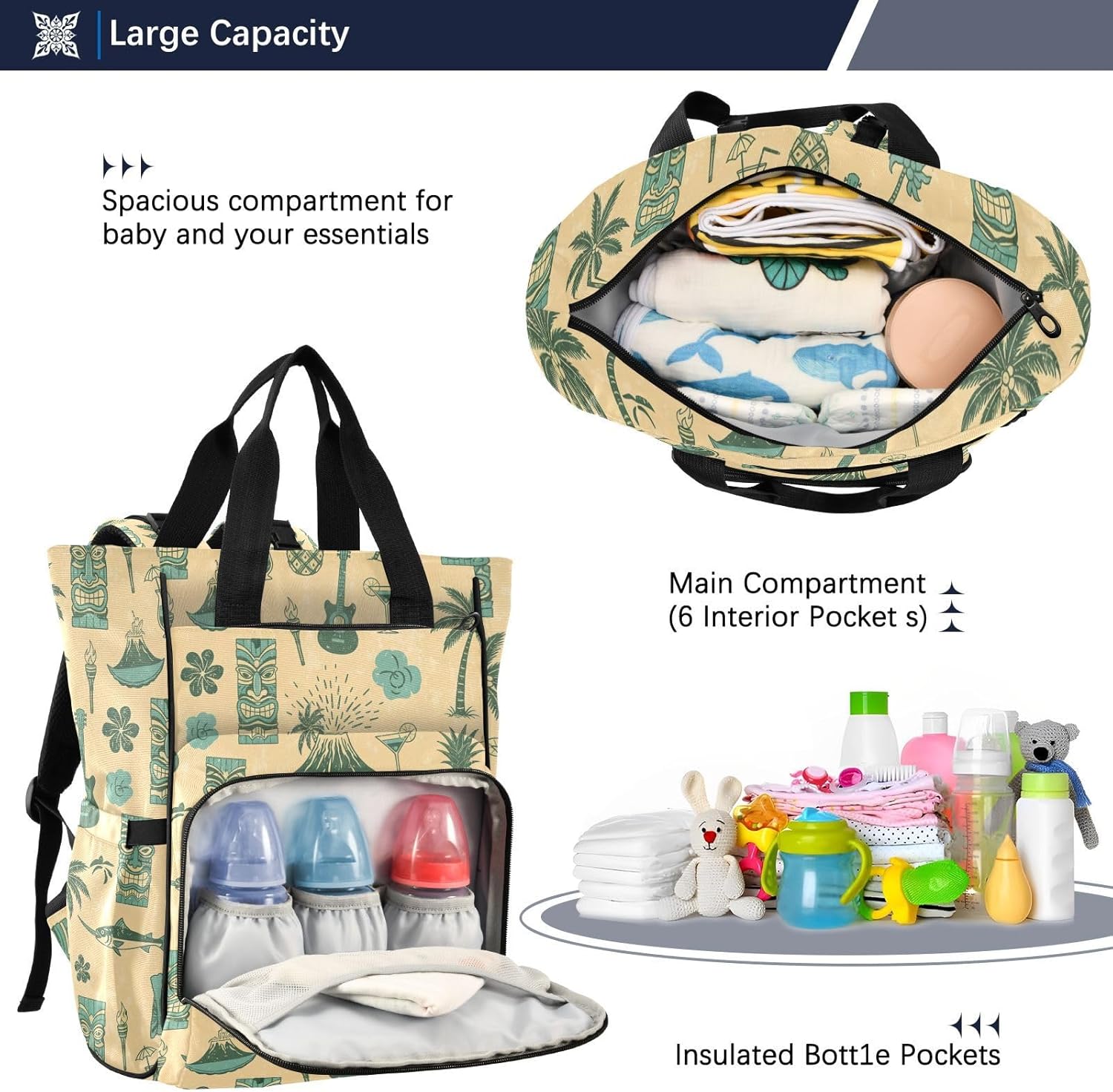 SPRIPORT Tropical Pineapple Fish Beige Print Diaper Bag Backpack for Baby Boys Girls Multifunction Baby Essentials Travel Tote with Stroller Straps & Bottle Storage Nappy Changing Bag for Baby Gifts