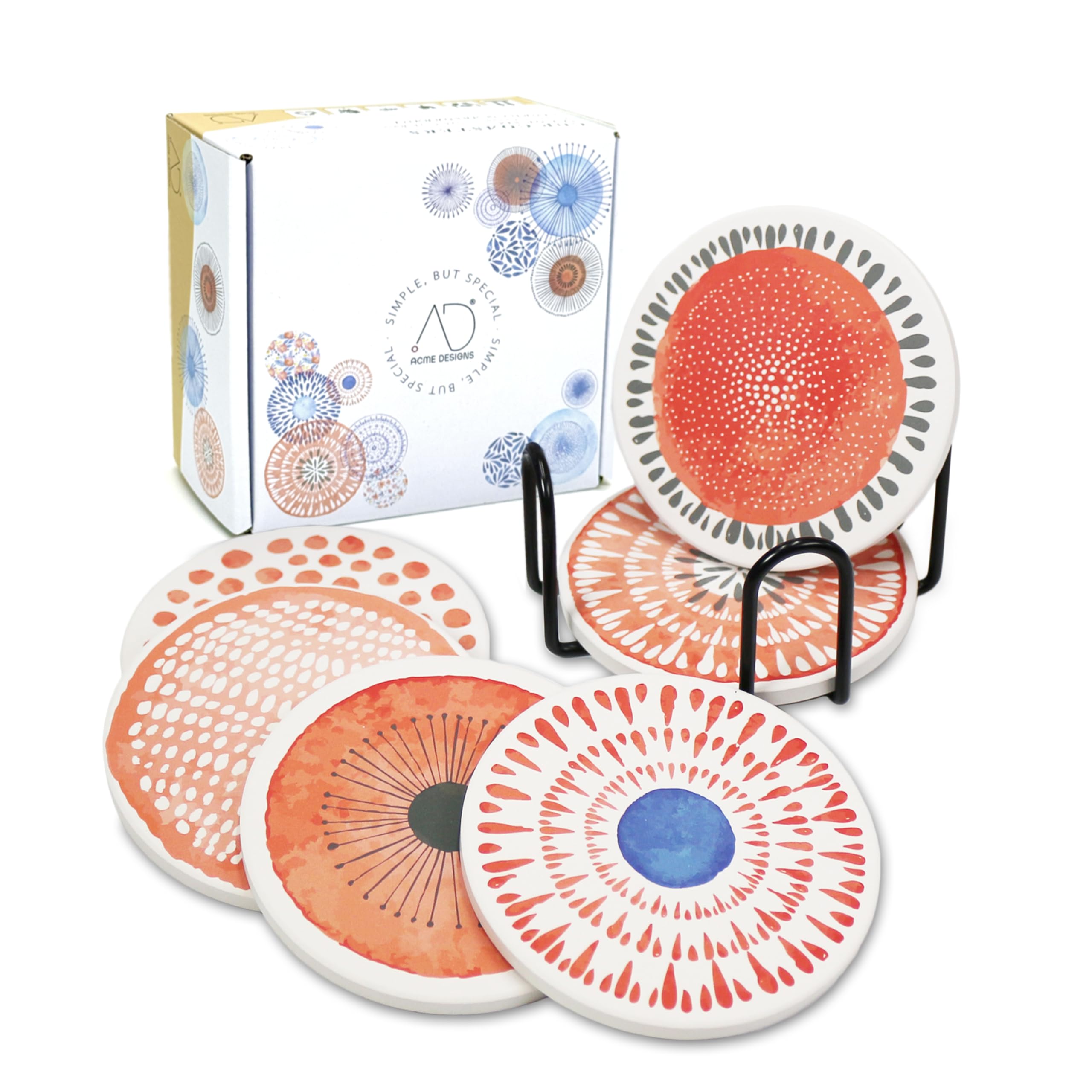AD Lot de 6 dessous de verre ronds absorbants en céramique avec base en liège pour tasses et tasses, bureau, cuisine (aquarelle corail avec support)