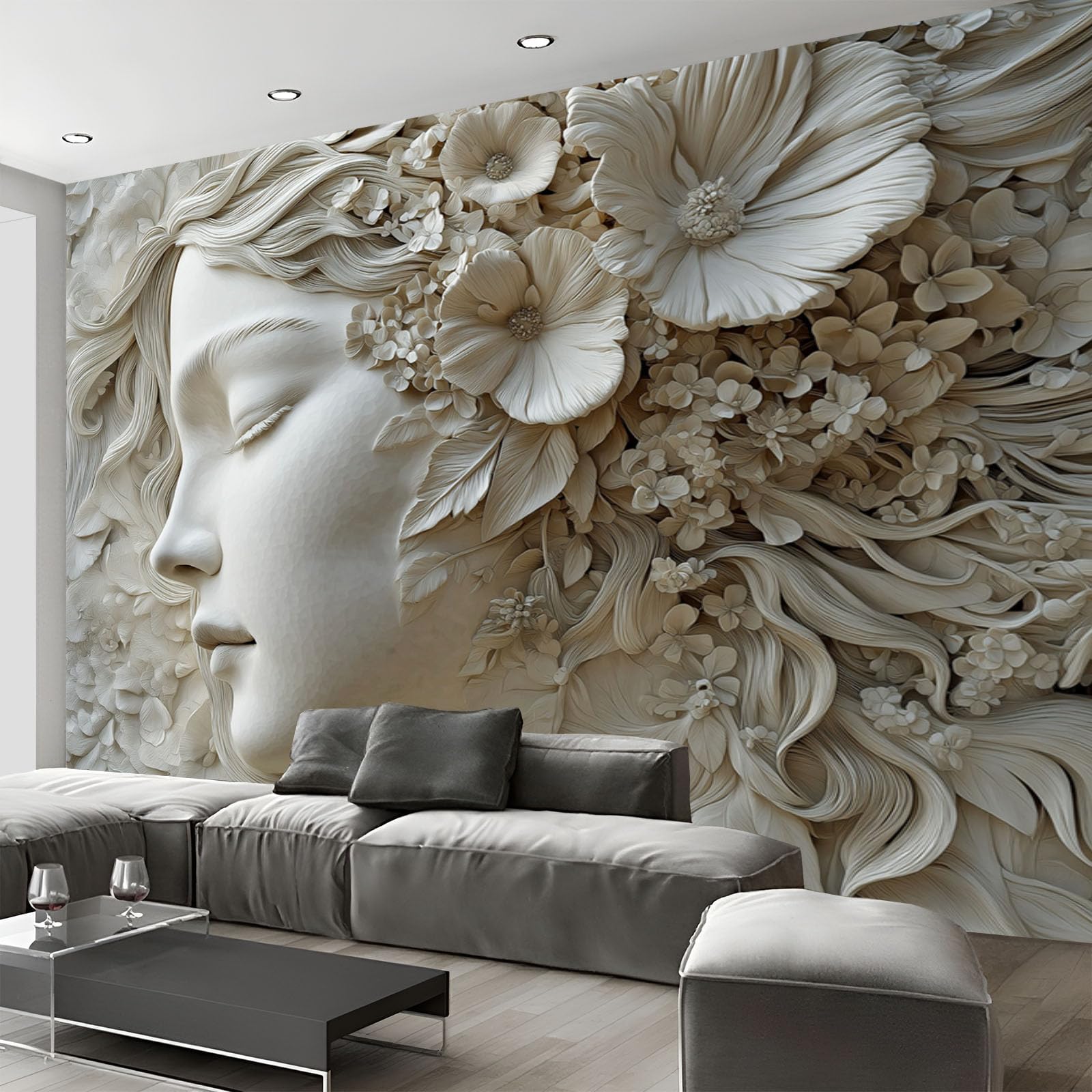 Carta Da Parati Delicato Donna Viso 250×170cm Wallpaper Carta Da Parati Murale 3D, Fiori Foresta Fotomurali Moderni Per Soggiorno E Camera Da Letto, XL Decorazione Murale 3D, Grigio