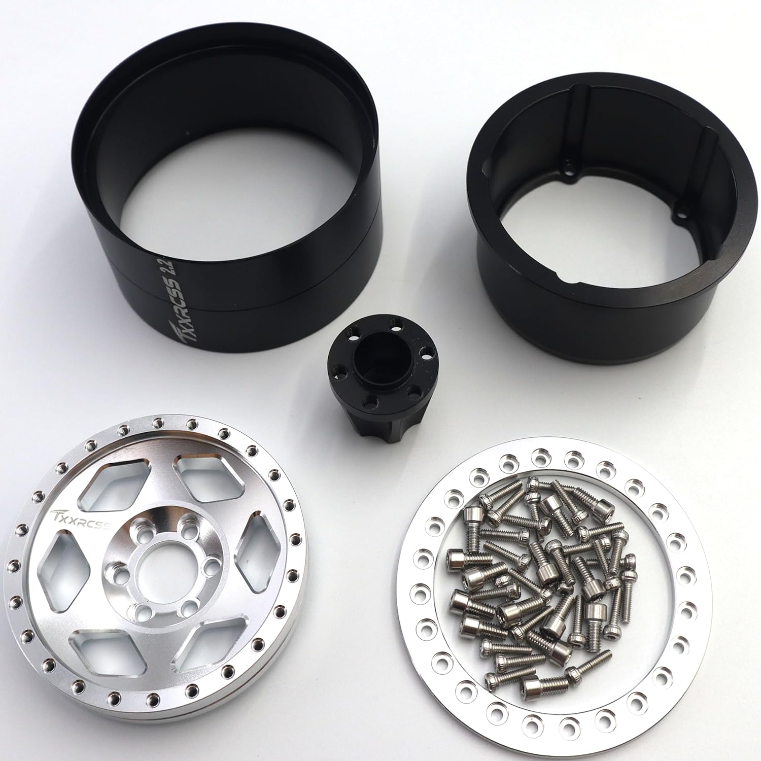 RC 2.2 Aluminum Alloy Beadlock Wheels and Tires Upgrades Accessories Rims for 1/10 SCX10 TRX4RC4WD and D90 RC Crawler Axial Remote Control Car （4pc）(Silvery)