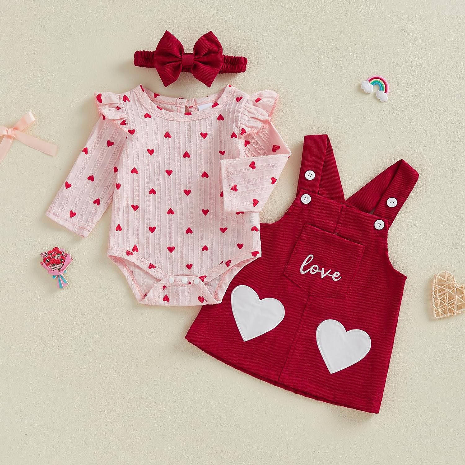 BeQeuewll Newborn Baby Girl Outfits Ruffle Knit Onesie 3D Floral Suspender Corduroy Skirt Infant Spring Clothes