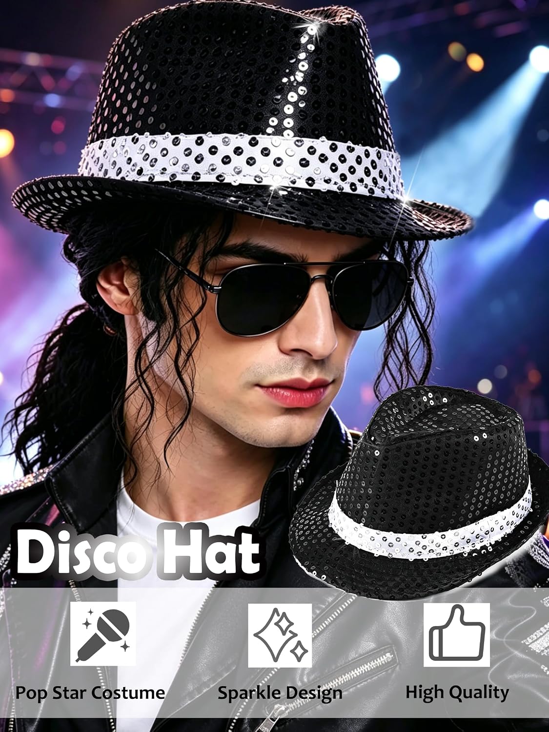 EIELO 70s 80s Disco Outfits Mens Pop Rockstar Stage Dance Costume Accessories Set MJ Wig Sequin Gloves Hat Sunglass Tie Strap for Cosplay 80s Party Halloween
