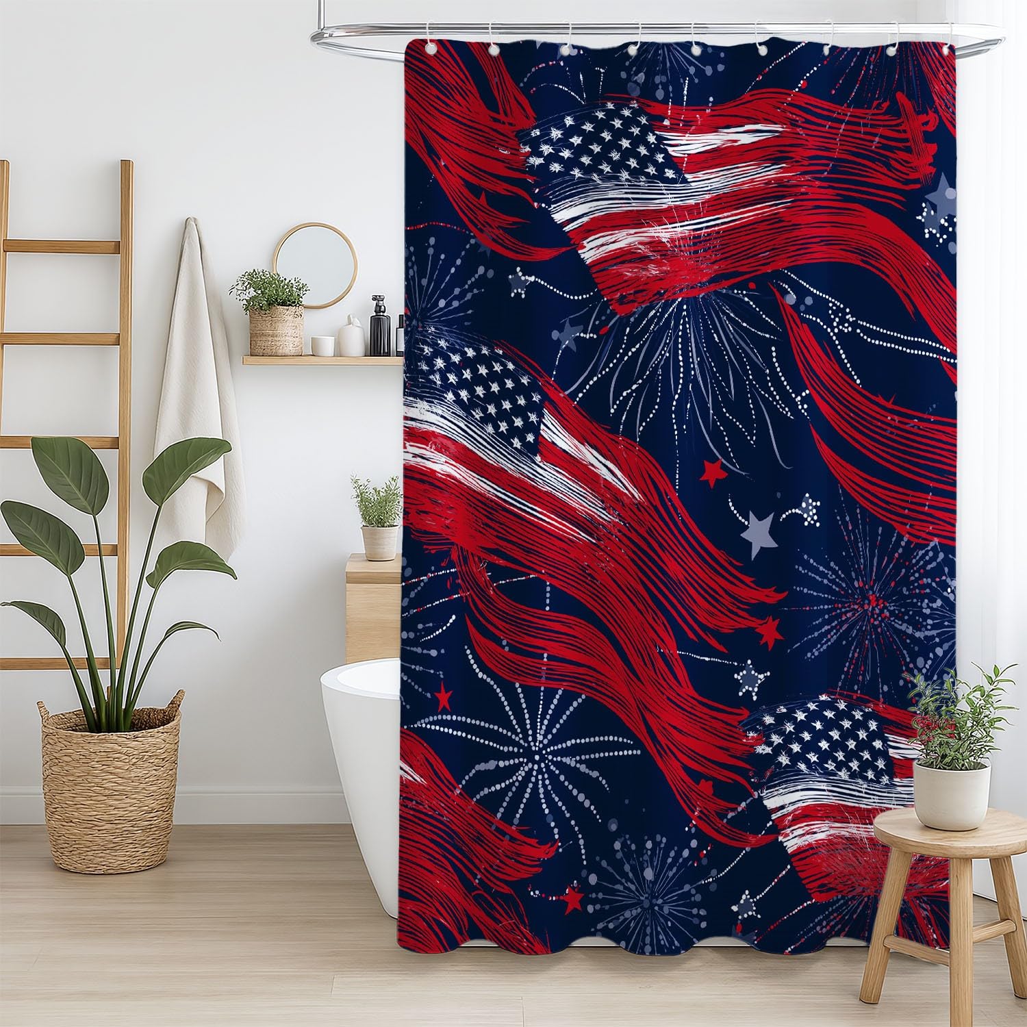 Generico Tenda da doccia Vivace USA Bandiera, Rosso Blu tenda da doccia Fantasia per il bagno, tessuto in poliestere impermeabile con ganci 180 x 200 cm Per La Vasca Da Bagno Casa E Hotel Caravan
