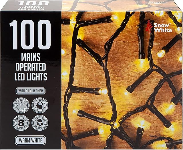PMS VFM - Warm White 100 LED 7M Christmas Lights - Festive Bright String Xmas Tree Wedding Fairy Lighting Indoor & Outdoor Mains Operated Multi Function Control