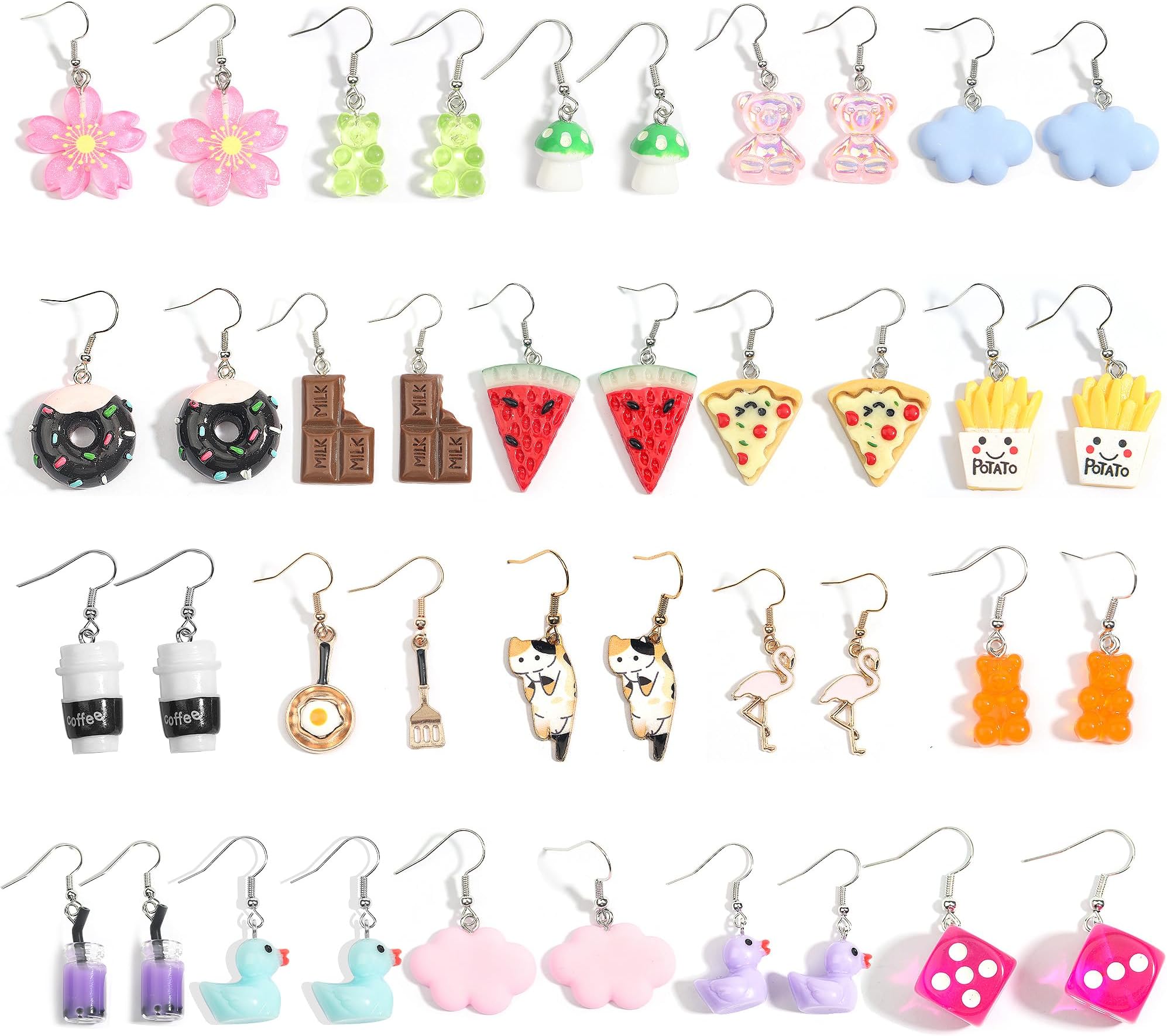 20 Pairs Weird Earrings Funny Earrings Gummy Bear Duck Water Bottle Fish Dinosaur Mushroom Butterfly Strawberry Dangle Earrings Set for Women