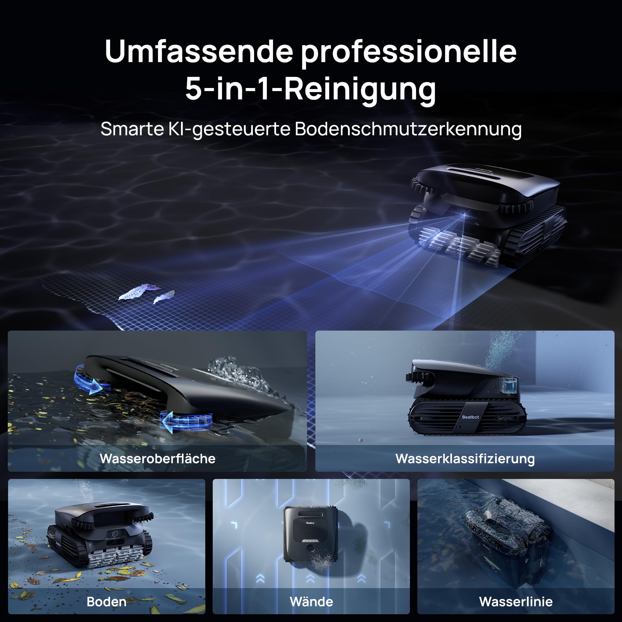 Beatbot Aquasense 2 Ultra Poolroboter, KI Mapping, 5in1 Komplettreinigung, KI-Schmutzerkennung, Poolsauger Akku für Oberfläche Boden und Wand, Poolreinigung bis zu 300m²