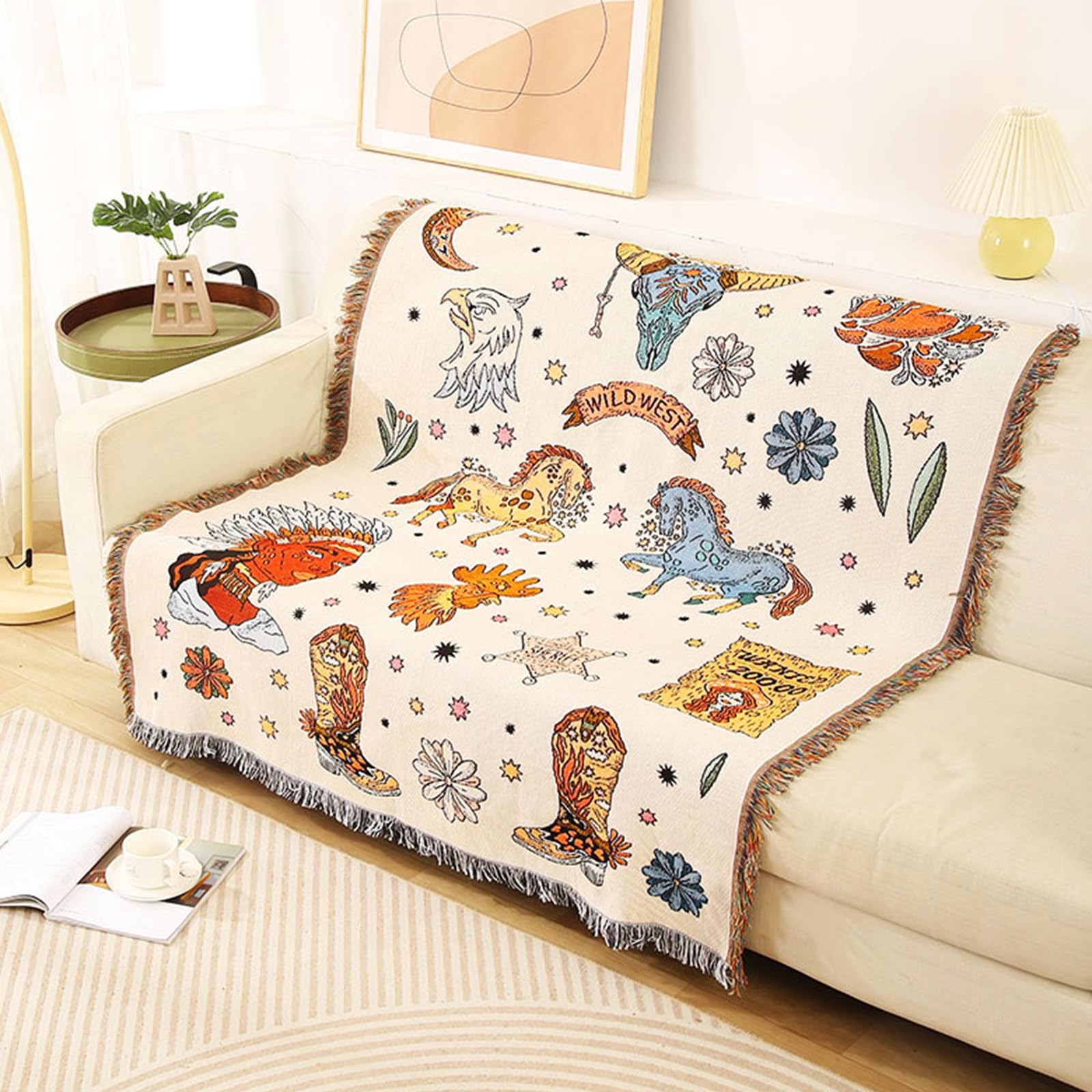 LumiSyne Double-Sided Cotton Woven Throw Blanket With Tassel Jungle Bohemian Style Tapestry Shawl Multi-Function Decorative Throws For Sofa Bed Armchair Camping Blanket Tablecloth Carpet 160x130cm โ image 1