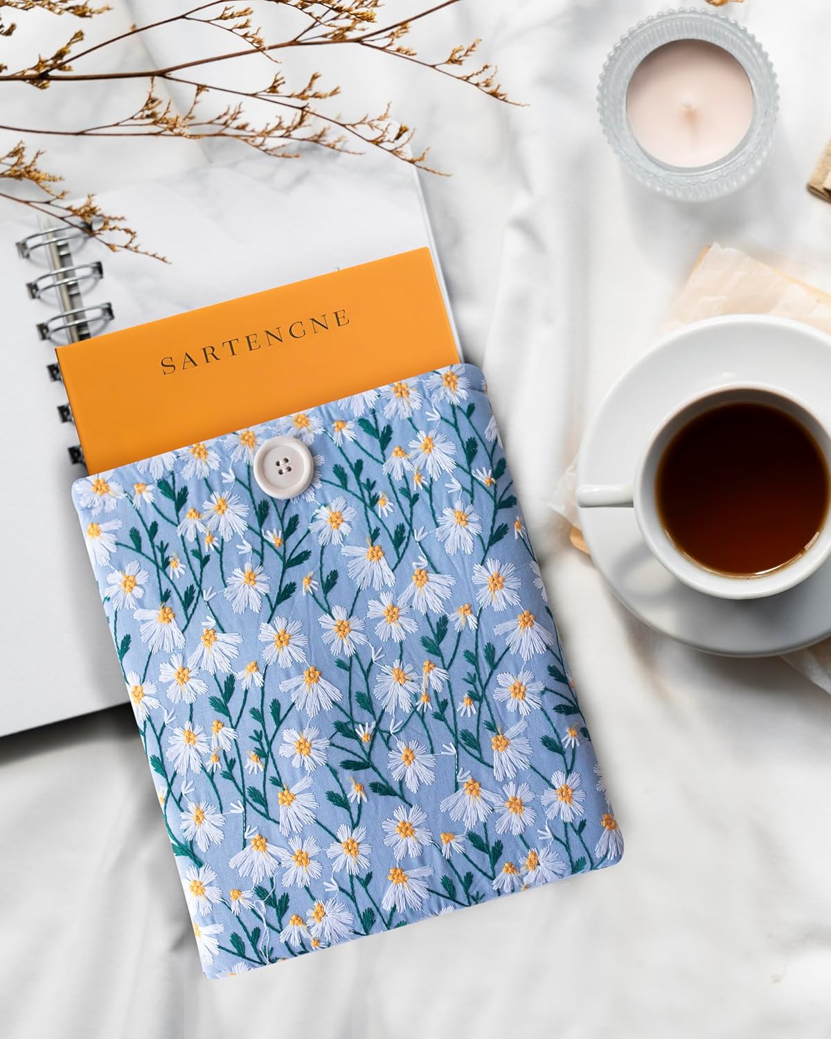 Embroidered Fabric Sleeve for iPad 9.7/10.2/10.5/10.9, Nook Glowlight Plus, Mass Market Paperback Books - Padded Protective Cover, Handcrafted Character - White & Blue Daisy