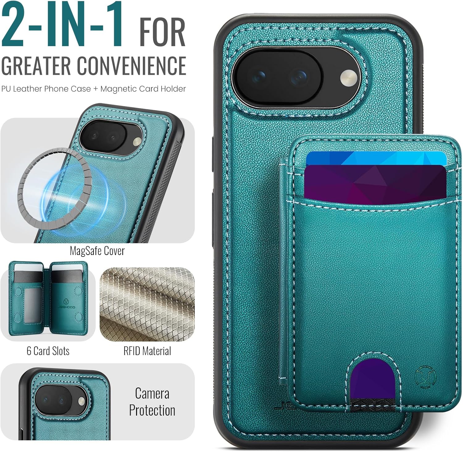 Wallet Case for Google Pixel 10a Compatible with MagSafe for Men Women, 2 in 1 Detachable Magnetic Phone Case with Card Holder Kickstand RFID Blocking for Pixel 10a (Green)