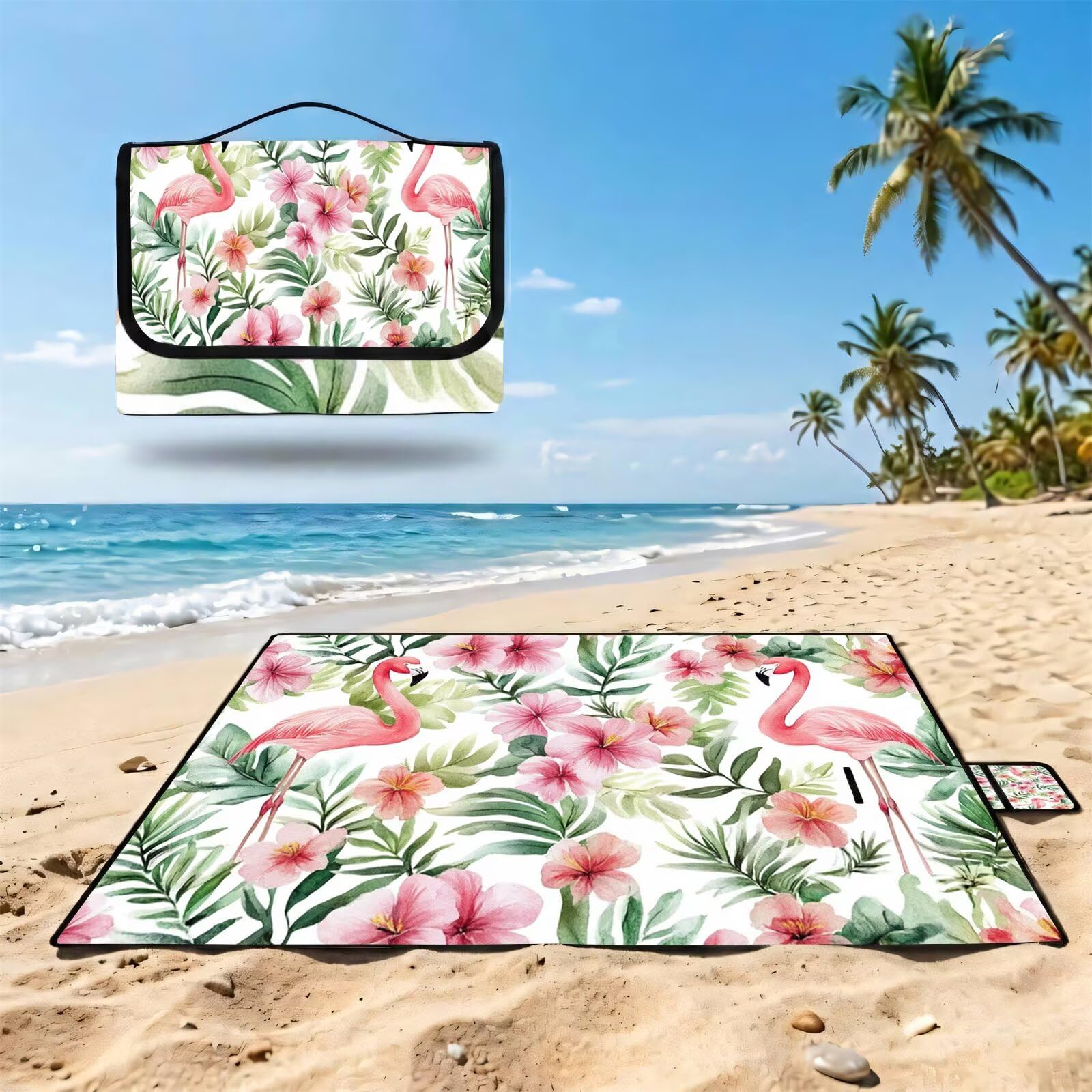 Couverture Pique Nique Grande 200x300cm,Outdoor Couverture Imperméable,Pliable Tapis de Plage Dos en PVC,Picnic Blanket pour Camping Accessoires,Jardin,Parc,Famille - Flamants roses,plantes (2) FZ-124