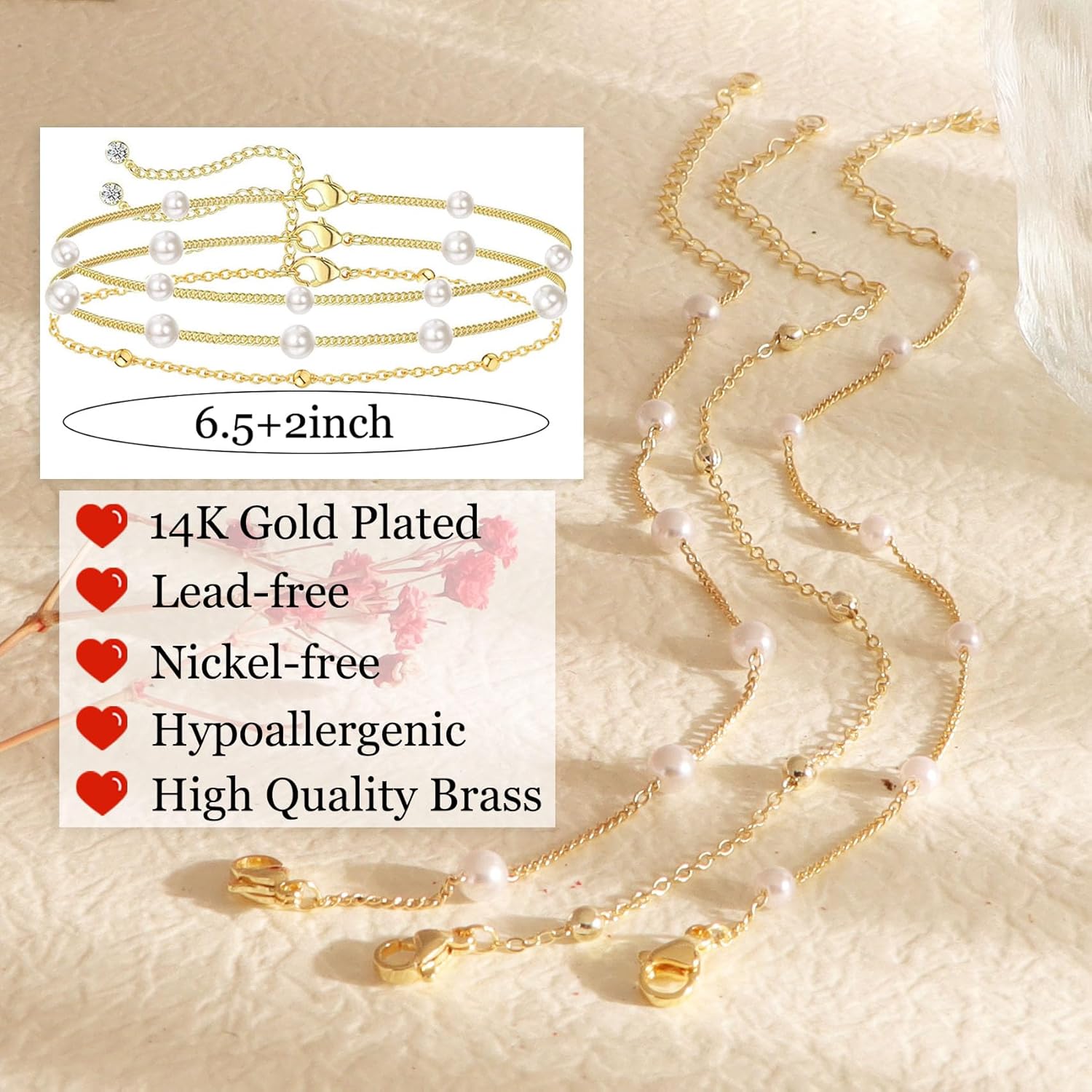 Pearl Bracelets for Women Dainty 14K Gold Plated Layered Pearl Bracelet Non Tarnish Satellite bracelet Adjustable Charm Jewelry Gifts for Wedding Bridesmaid - Image 5