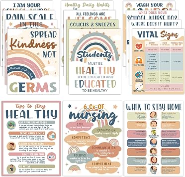 15Pcs School Nurse Poster Health Bulletin Board Classroom Decoration Yellow | Durable Cardstock,Health Posters for Office Supplies,Health Wall Decals Decor, for Nurse Office Classroom Kids,11 x 14 Inches