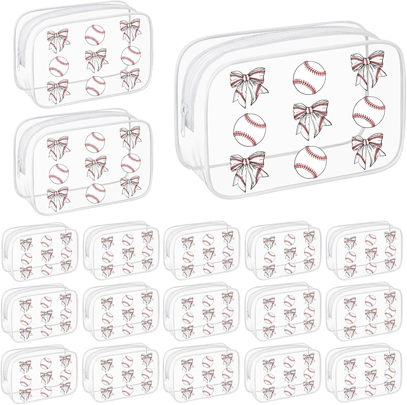 Sunnymove Necessaires de maquiagem transparentes com estampa de beisebol, 20,07 x 11,99 x 5,99 cm, pacote com 18