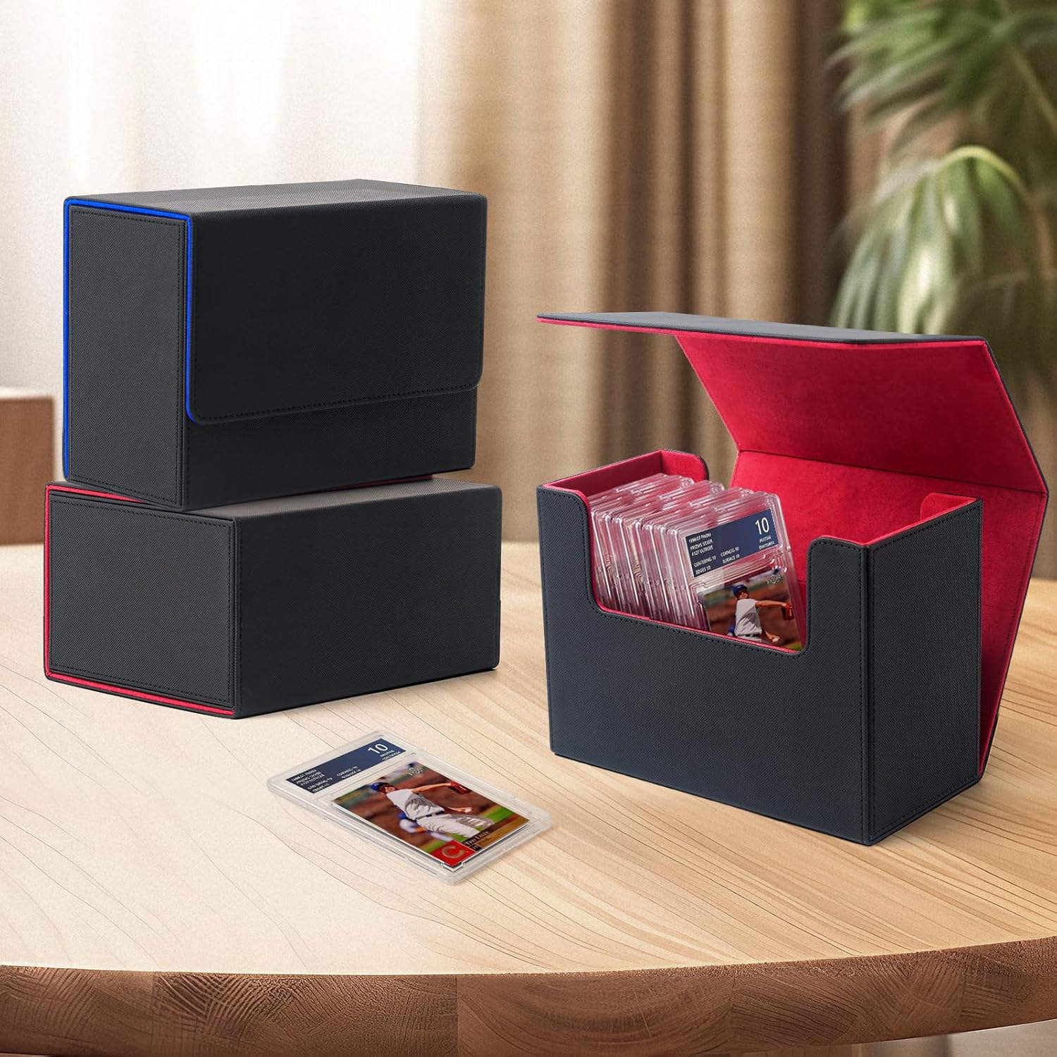 Premium Graded Card Storage Box, PU Leather Case for PSA BGS Slabs, Toploader Holder for Trading & Sports Cards Fits 3” x 4” Rigid Cards (Black&Red)