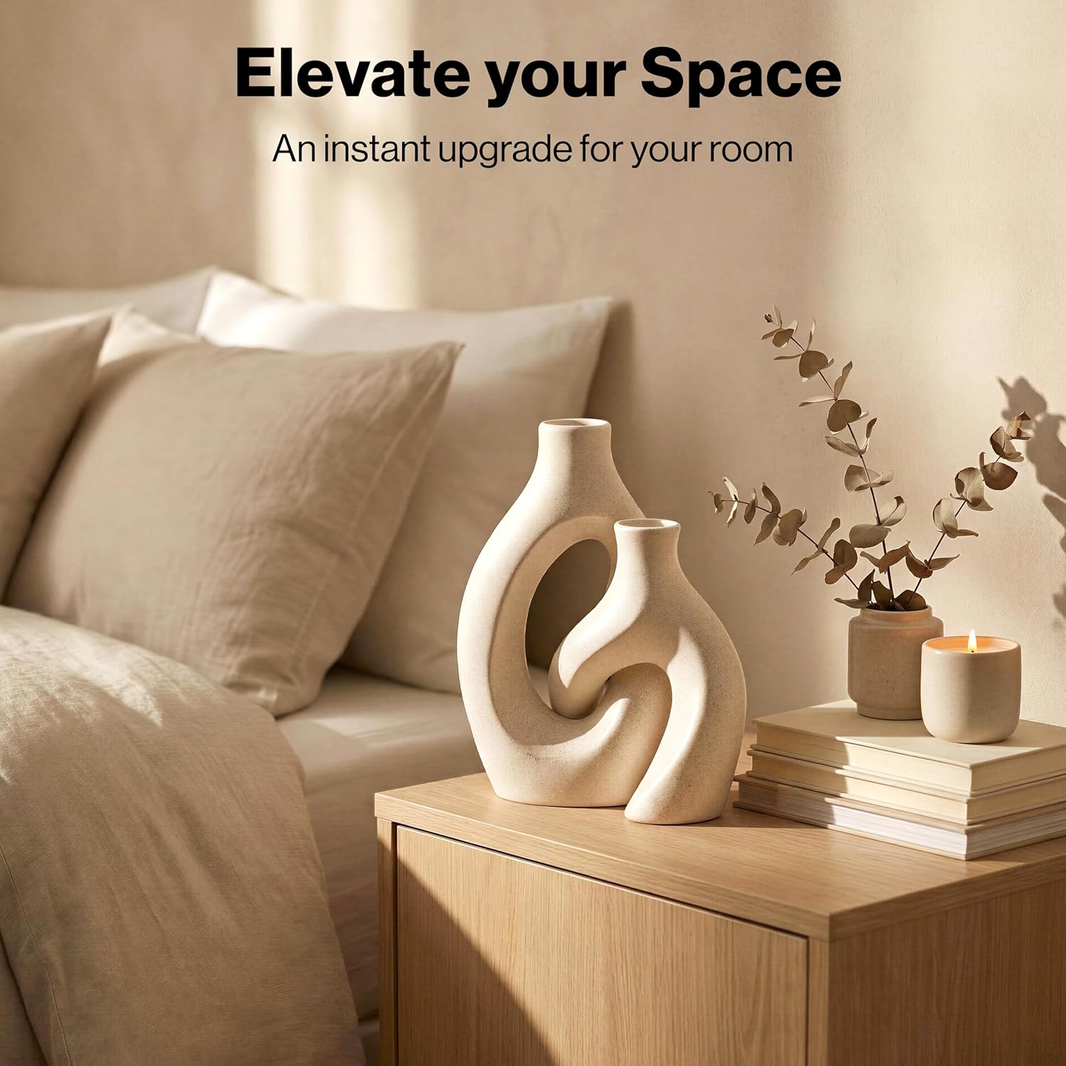 White Ceramic Vase Set of 2, Hollow Oval Flower Vases for Decor, Handmade Nordic Minimalist Ceramic Vase for Pampas Grass, Living Room, Farmhouse & Boho Home Decor, Housewarming Gifts