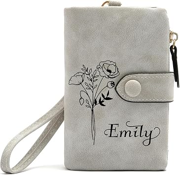 Personalized Gray Small Leather Wallet Custom Birth Month Flower & Name Coin Purse Card Holder for Women Girls Customized Gift for Birthday Christmas Mothers Day