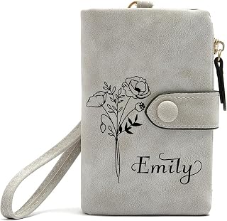 Personalized Gray Small Leather Wallet Custom Birth Month Flower & Name Coin Purse Card Holder for Women Girls Customized Gift for Birthday Christmas Mothers Day