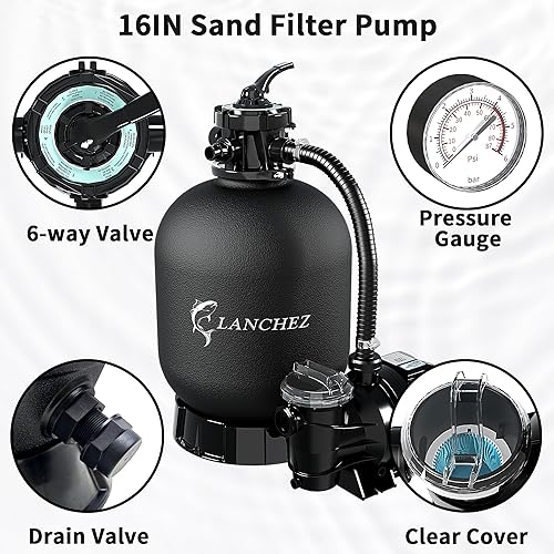 Miniatura 5 de LANCHEZ Bomba de filtro de arena de 16" para piscina sobre el suelo con temporizador, bomba de piscina de 1.5 HP para piscinas de hasta 16,000