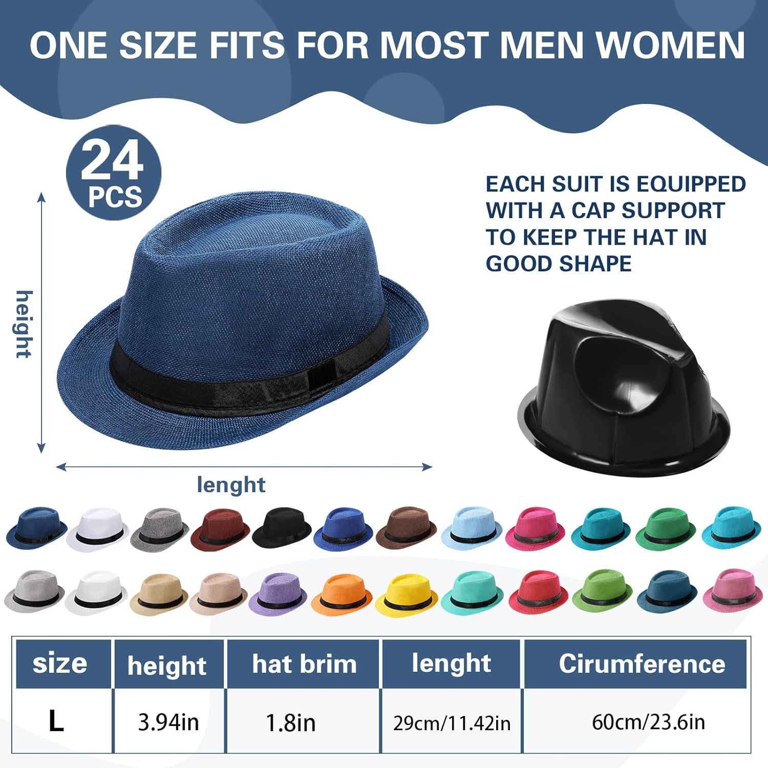 Lasnten 24 Pcs Fedora Style Hat Bulk Men 1920s Gangster Short Brim Panama Cap Women Party Costume, Circumference 60 cm(Colorful)