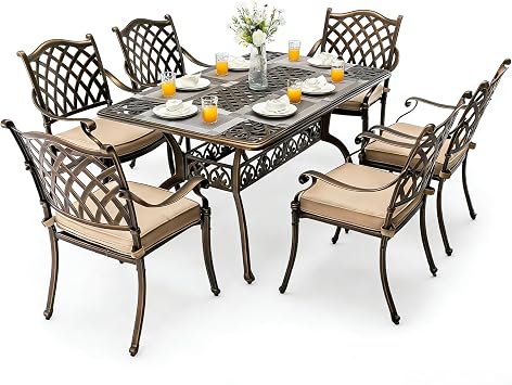 7 Piece Outdoor Dining Set Cast Aluminum, Retro Patio Dining Set for 6 Includes 59 Rectangular Table with Thicker Cushions and Umbrella Hole for Patio Deck Garden
