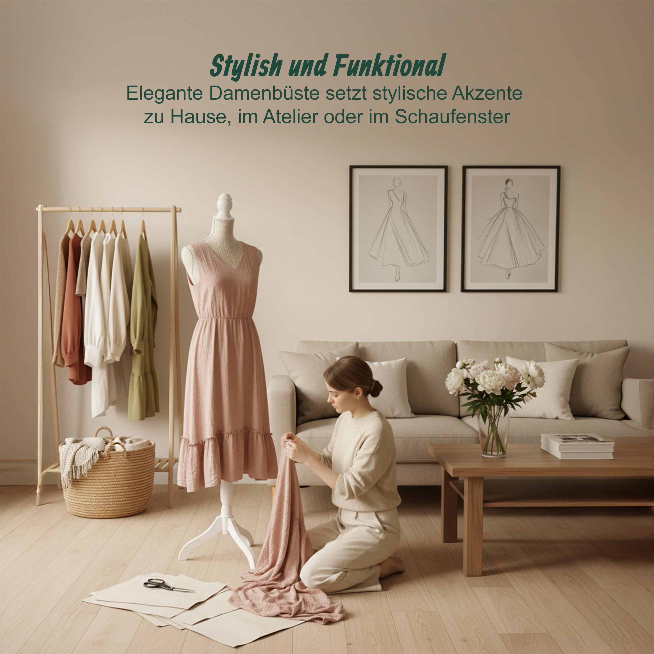 Relaxdays Schneiderpuppe, weiblich, Größe 36/38, verstellbar 130–167 cm, Spitze, Holzständer, Kleiderpuppe, beige/weiß
