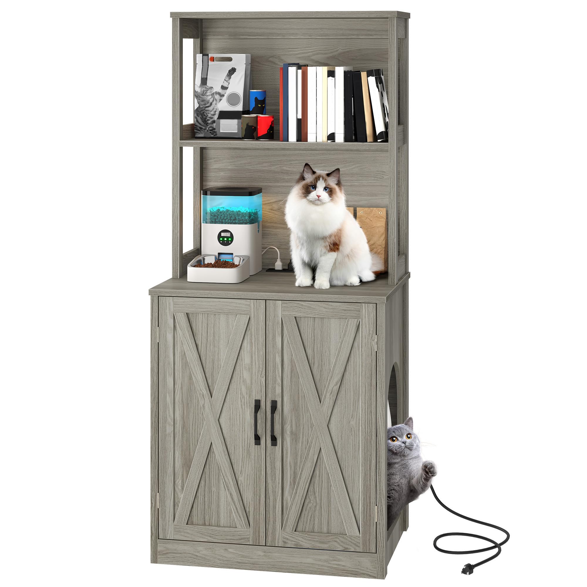 YITAHOME Large Cat Litter Box Furniture with Shelves and Charging Station, Hidden for Self-Cleaning Cat Litter Box Enclosure, Wooden Cat Cabinet for Smart Litter Box Size, Wash Grey