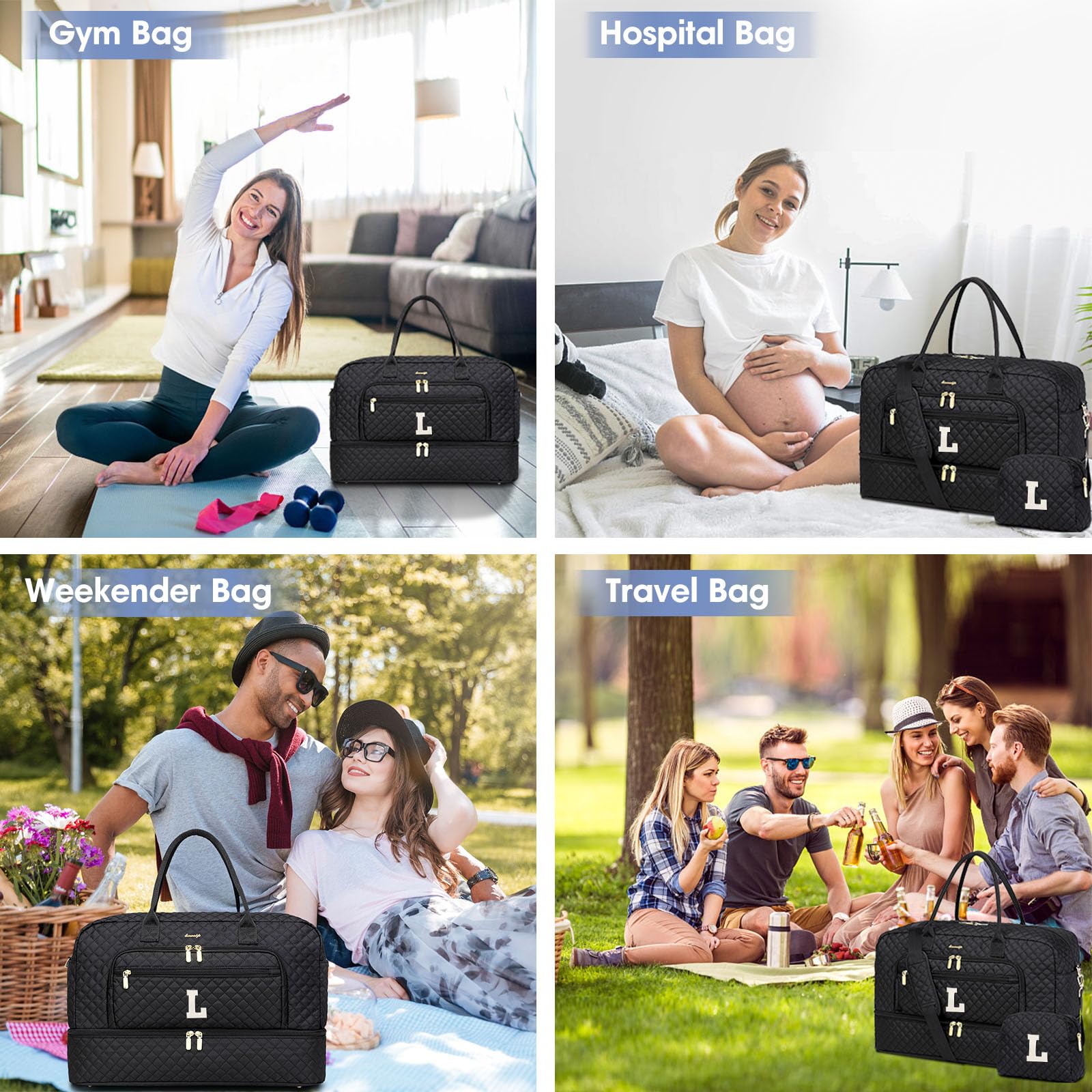 Initial Travel Duffle Bag for Women - Black Personalized Weekender bags Overnight Bag with Shoe Compartment & Wet Pocket Weekend Tote Bags with Toiletry Bag Monogram Christmas Gift (Letter L) view 6