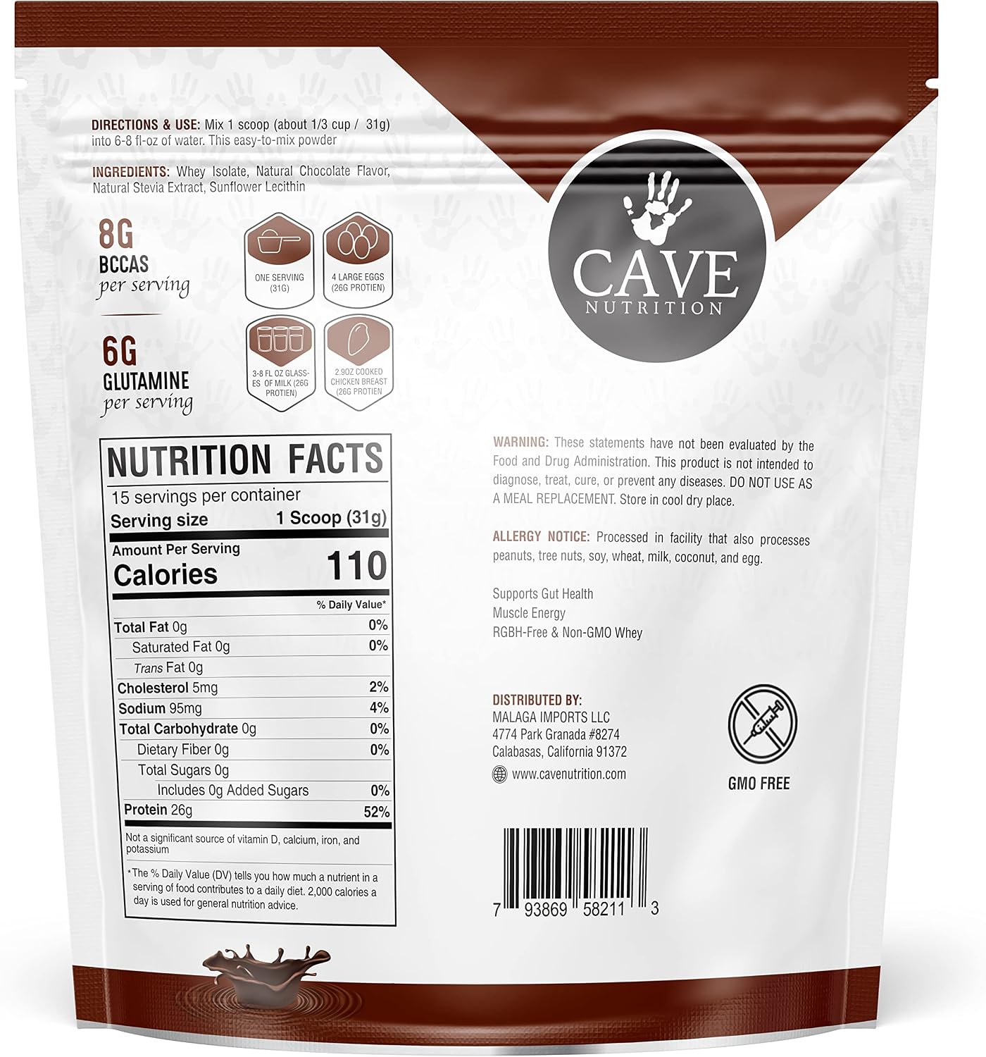Cave Nutrition Whey Protein Powder (1 LB), BCCAs, Glutamine, No Sugar Added, Non-GMO, (Chocolate)