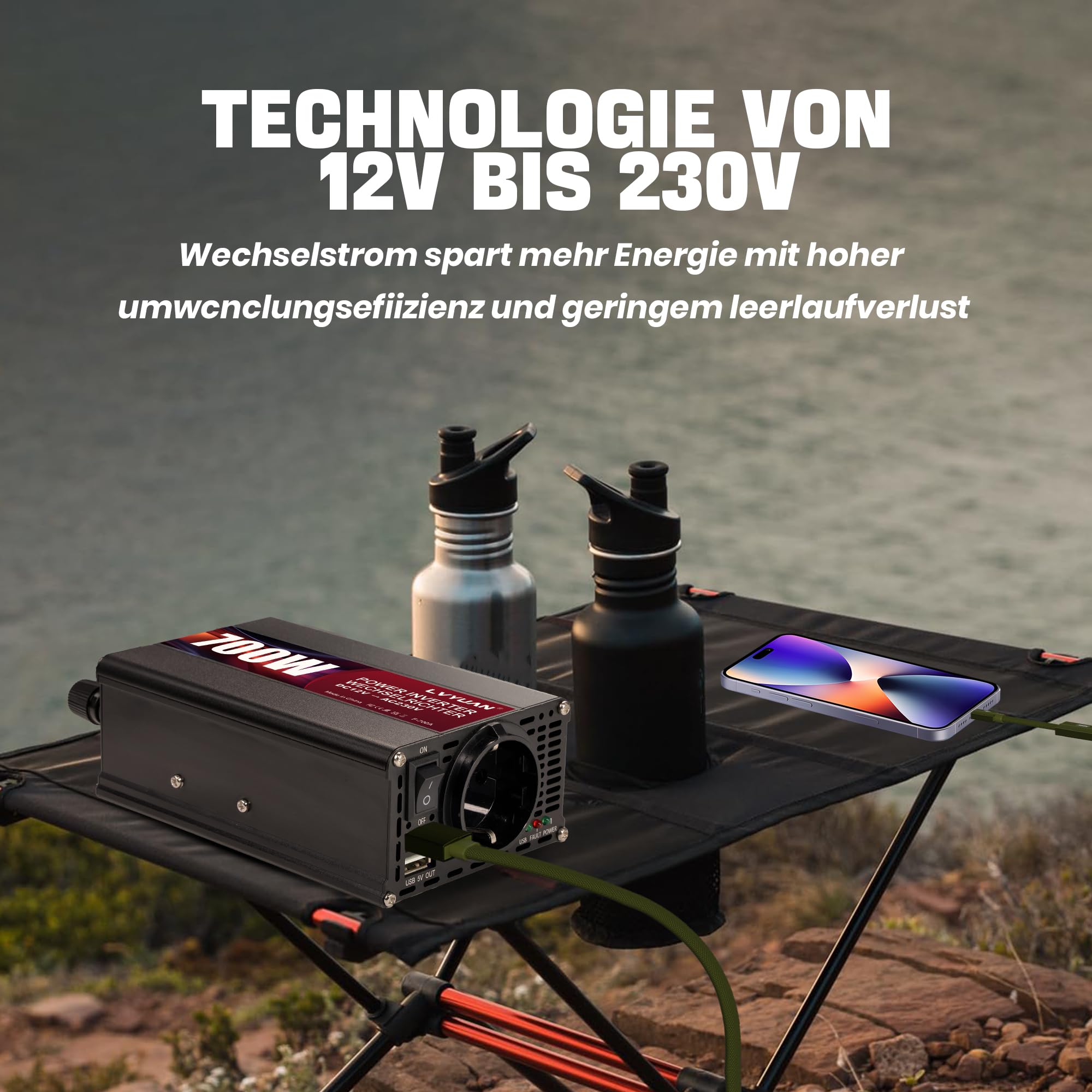 LVYUAN 700W Wechselrichter DC 12V auf 230V AC Spannungswandler Auto Konverter mit Dual USB Ports & EU Steckdosen Kfz Ladegerät Adapter