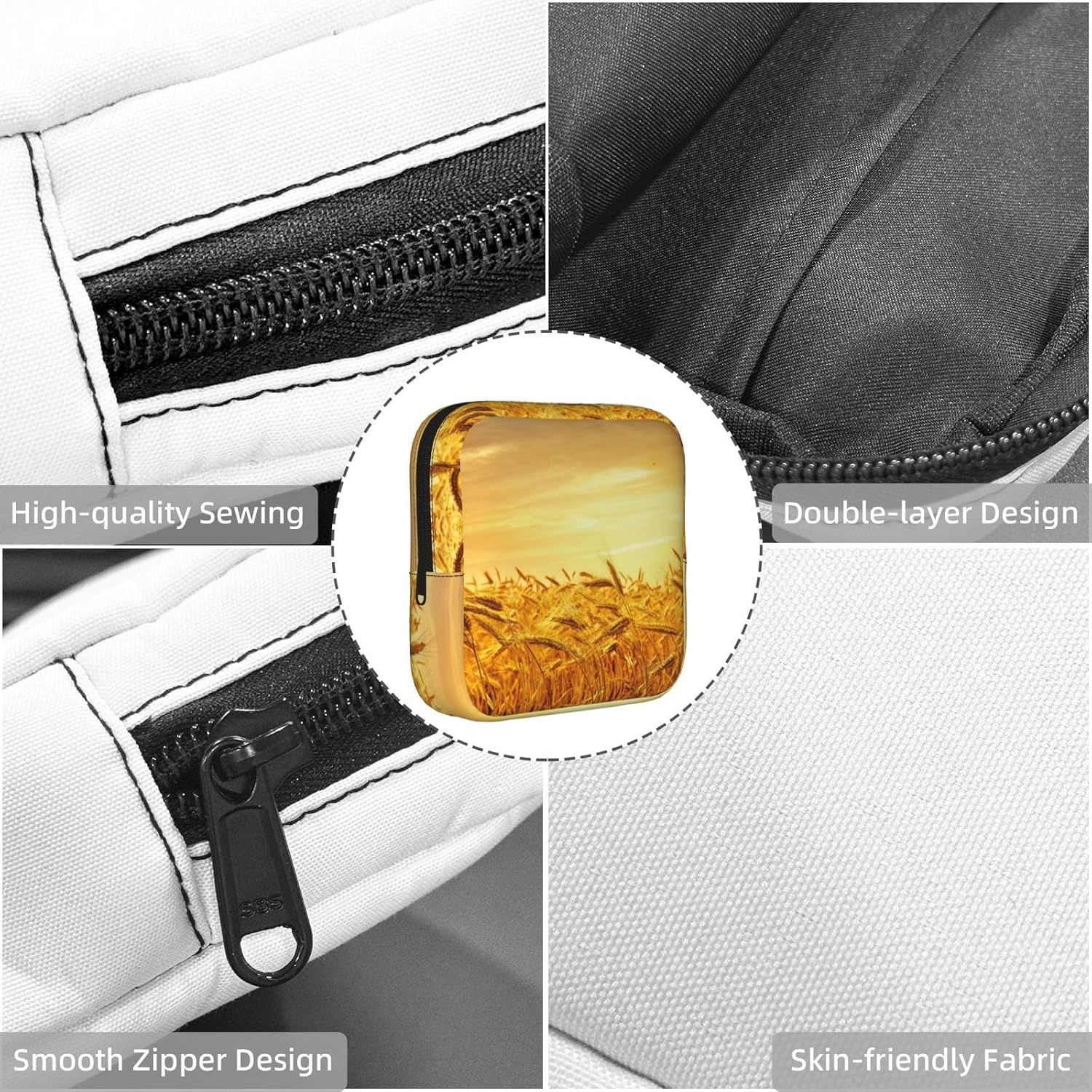 Wheat Field Print Women Period Bag Sanitary Pouch Portable Pad Pouch Tampon Holder Small Zipper Pouch Storage Bag