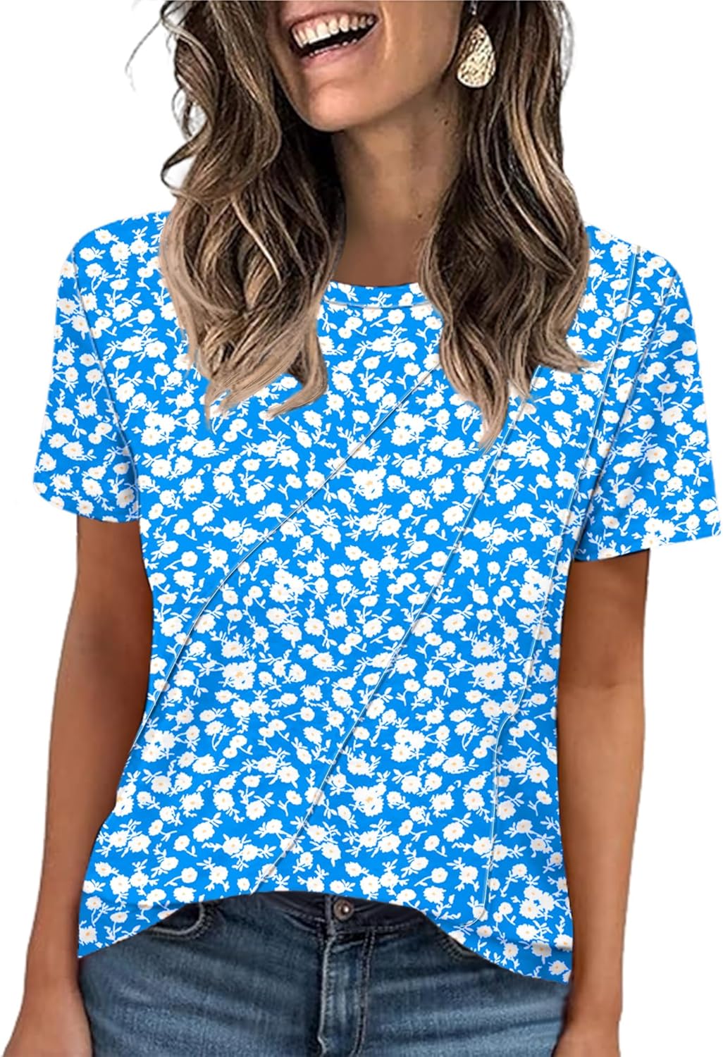 LOMON Womens Summer Tops 2025 Crew Neck Short Sleeve Pleated Tops Blouses Spring Fashion