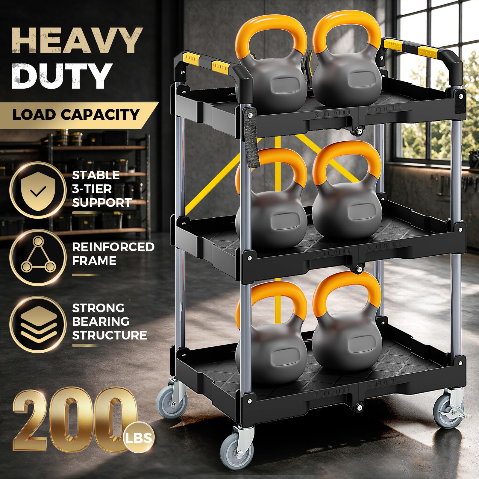 KINGRACK Carro Herramientas Resistente 3 Niveles Plegable con Ruedas | Carro multiusos ahorra espacio con ruedas silenciosas bloqueables para garaje, bricolaje, lavado coches, hogar y camping