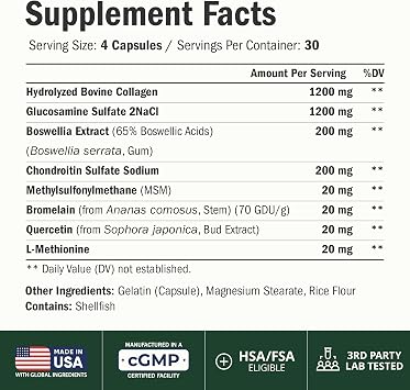 Glucosamine Chondroitin with 1200mg Hydrolyzed Collagen Peptides, Boswellia Extract, Quercetin, Bromelain, MSM Hair Skin Nails and Joint Supplement for Women & Men FSA Eligible 120 Capsules