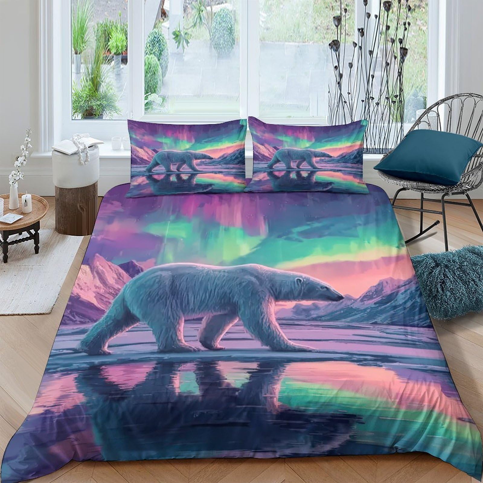 Ctjqhvkz Style-1 3D Printed Aurora Polar Bear Fitted Sheet Microfiber Soft Bed Cover For Bedroom Dorm Guest Room Decor Easy Care Single（135X200cm）
