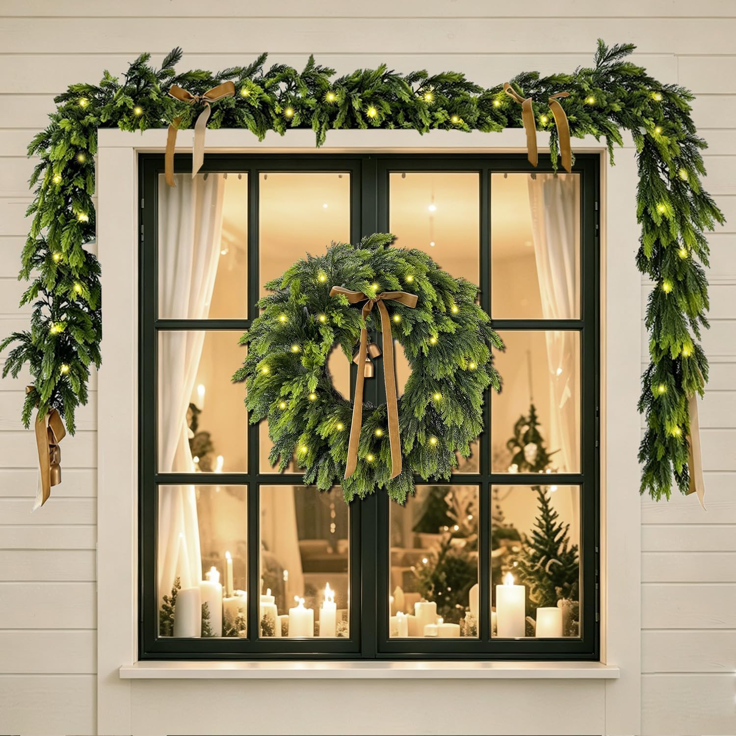 WANNA-CUL 22 Inch Real Touch Christmas Wreath for Front Door with Lights | Soft Artificial Vintage Xmas Wreath with Brown Velvet Ribbon Gold Bells 3M 30 LED Timer for Mantel Fireplace Holiday Decor
