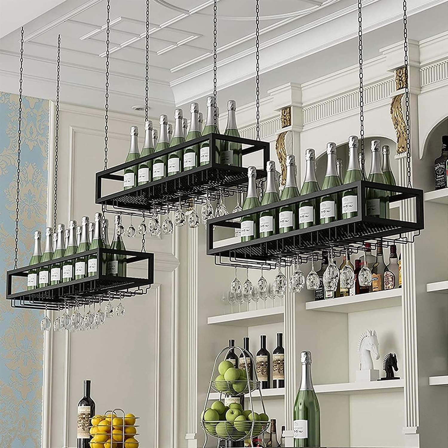 Hanging Wine Glass Holder Ceiling Wine Rack,Height Adjustable,with Glass Holder,with 1m Long Iron Chain Industrial Retro Shelves,Iron Pipe Bar/Kitchen Storage Rack,Black