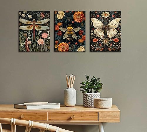 Miniatura 8 de Póster de arte de insectos góticos vintage, arte de pared, diseño de libélula oscura, pintura en lienzo retro con plantas florales, pósteres de