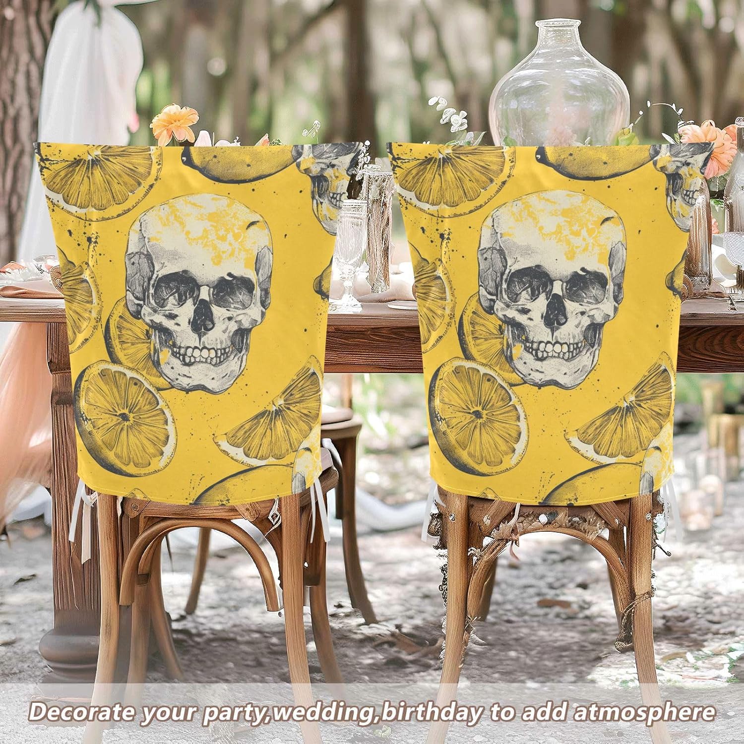 ALAZA Skulls Lemon Chair Back Cover Set of 6, Washable Reusable Removable Chair Slipcovers Decorative Chair Cover for Home Kitchen Wedding Party