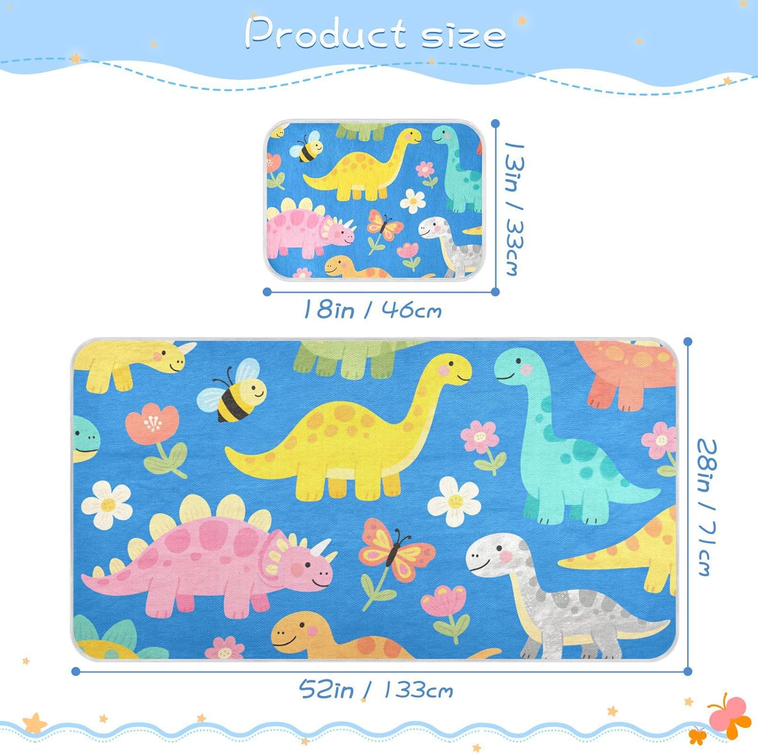 Cartoon Dinosaur Illustration Blue Cooling Baby Mattress Protector Pads 28" x 52" Ultra Soft Bed pad for Baby&Toddler