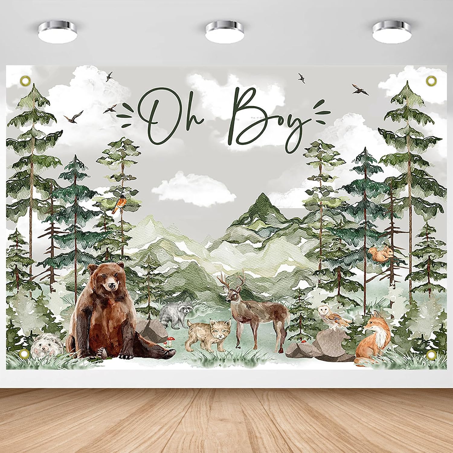 Avezano Oh Boy Backdrop Forest Adventure Baby Shower Photography Background Mountain Wilderness Woodland Baby Shower Decorations Watercolor Greenery Forest Party Photoshoot Banner (6 x 3.6 ft)