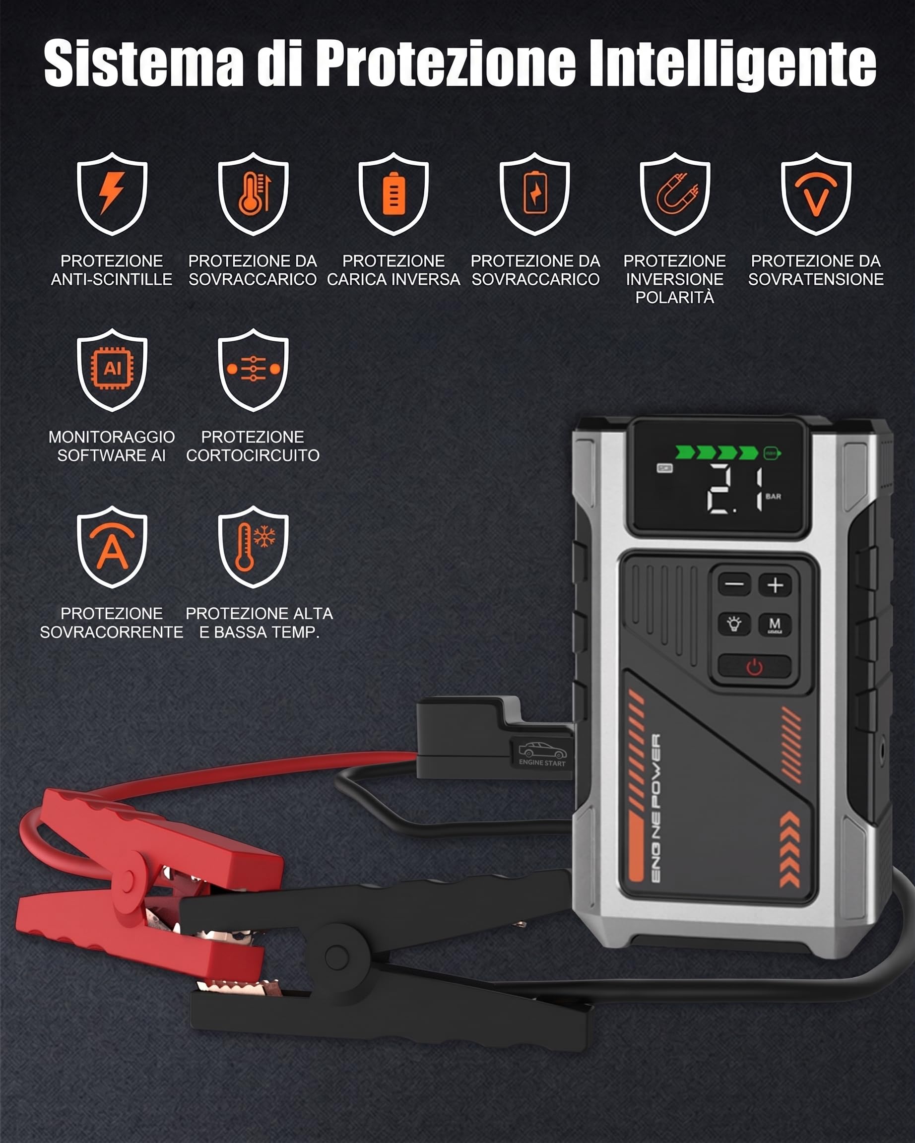 Booster Avviamento Auto con Compressore d'aria Avviatore Emergenza per Auto da 6000A (10L Benzina/8.5L di Gasolio) 12V con 3 Modalità Torcia Avviatore Batteria Portatile