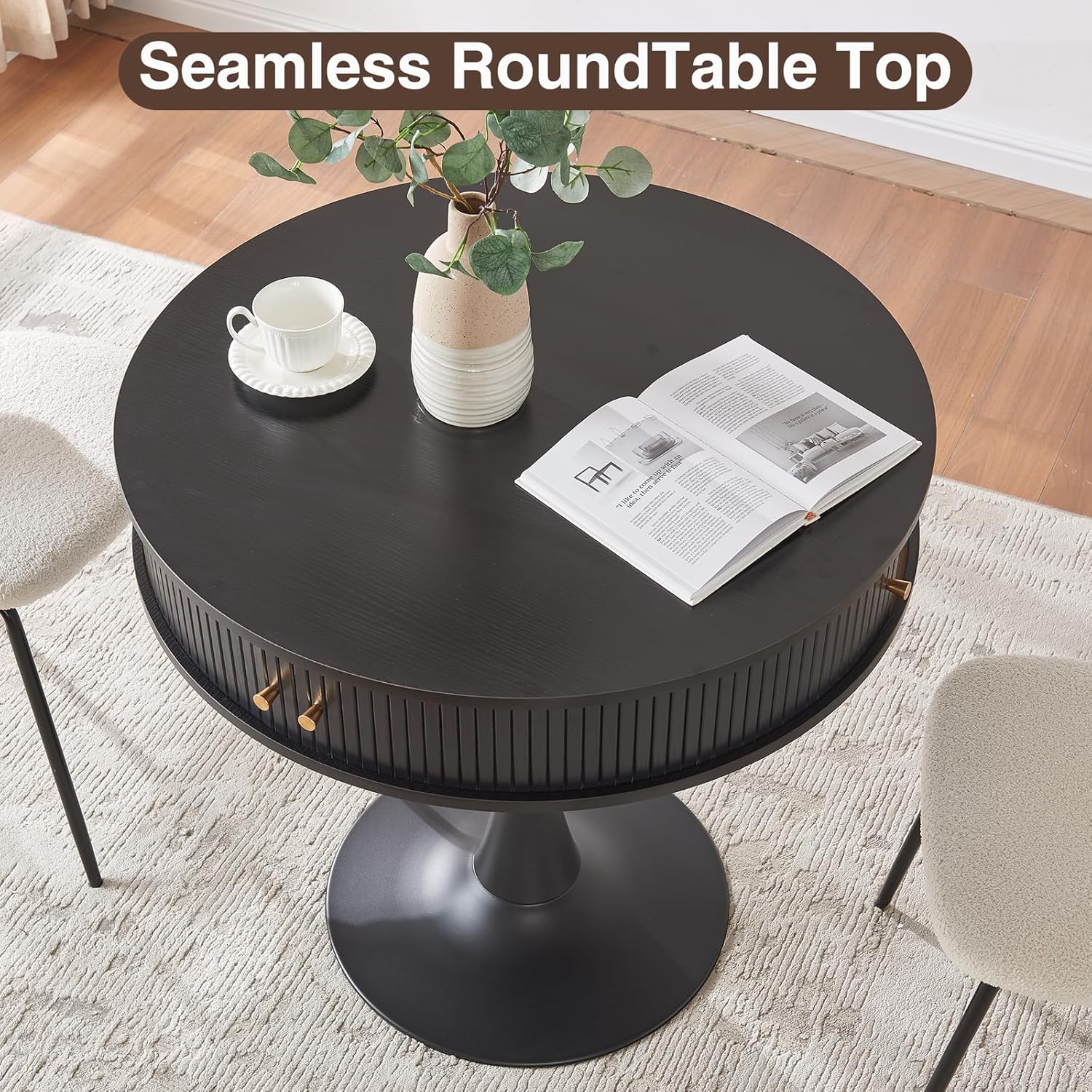 31.5" Round Fluted Pedestal Table for 2-4, Black Circle Kitchen Dinner Table with Hidden Storage, 31''H Small Tulip Breakfast Desk with Sliding Doors, Metal Base for Kitchen, Cafe, Patio, Courtyard
