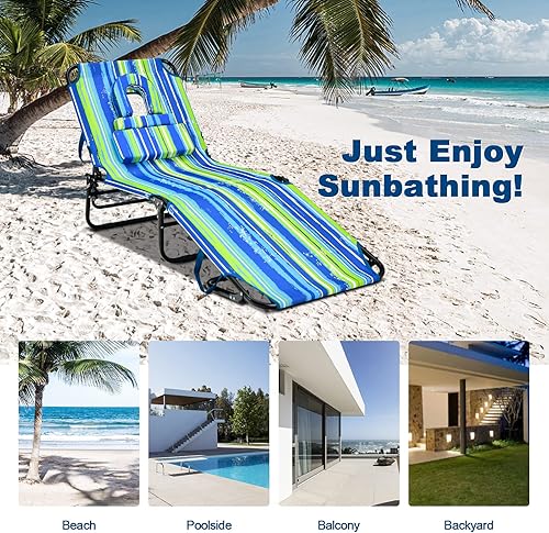 Miniatura 8 de Goplus Silla bronceadora, silla de playa plegable con orificio para la cara, almohada extraíble, capacidad de 350 libras, correa de transporte,