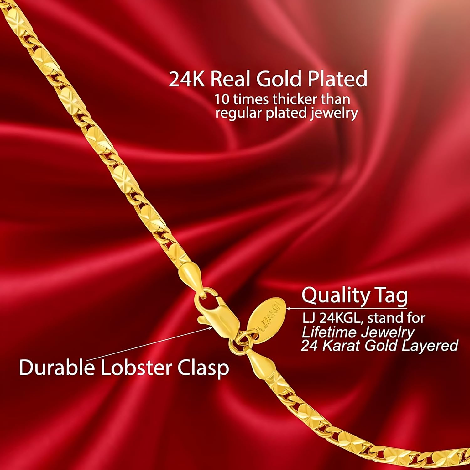 LIFETIME JEWELRY Womens Gold Anklet 4mm Diamond Cut Star Flat Link Chain Ankle Bracelet 24k Real Gold Plated with Lifetime Replacement