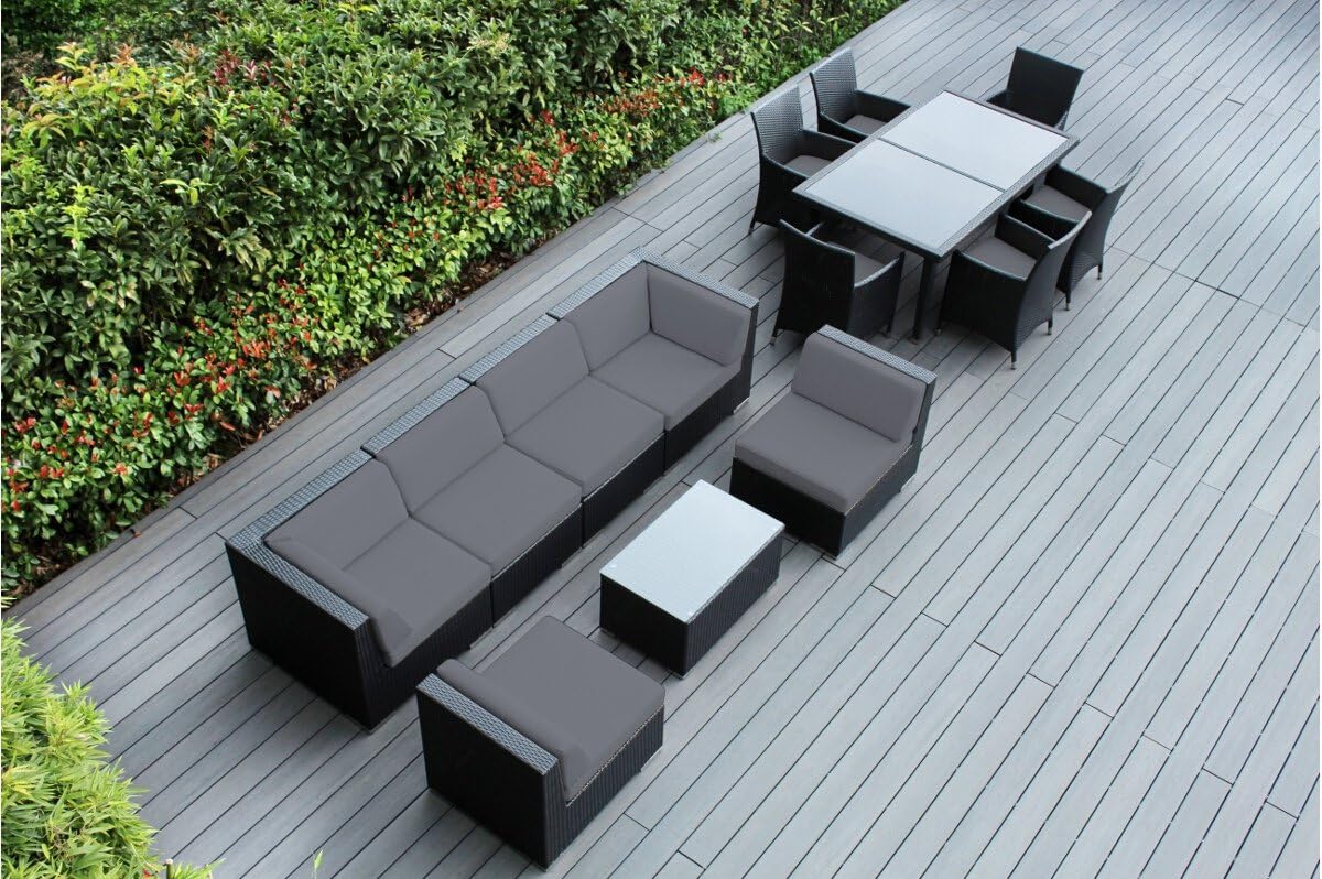 Genuine Ohana Outdoor Sectional Sofa and Dining Wicker Patio Furniture Set (14 pc Set) with Free Patio Cover (Gray)