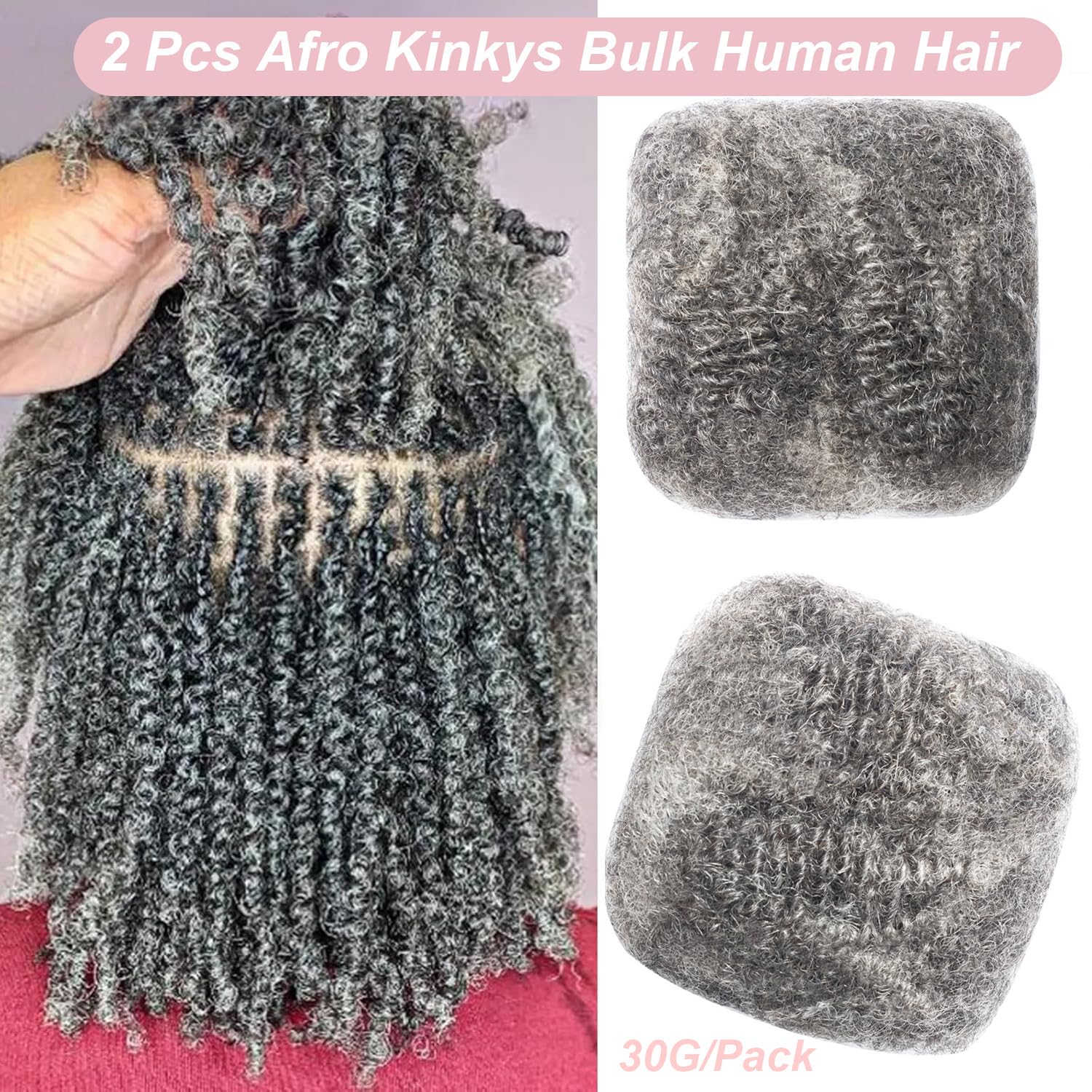 EV&ET 2 Pcs Afro Kinkys Bulk Human Hair for Dreadlocks Extensions Repair Locs, Twist Braiding Afro Kinky Human Hair for Locs Salt&Pepper 8 inch 30g/pack